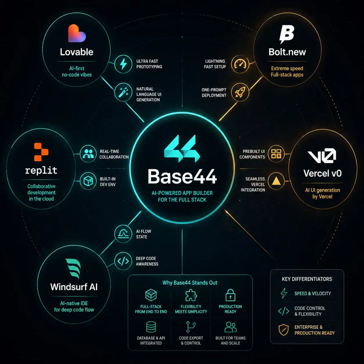 () competitive landscape visualization showing Base44 at center of a radial diagram with competitor logos and names arranged
