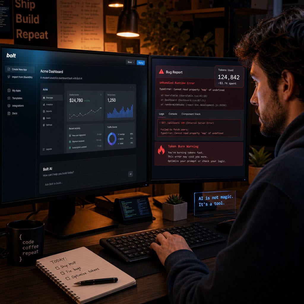 () concept illustration depicting a developer at a modern workstation with dual monitors showing Bolt AI interface on one