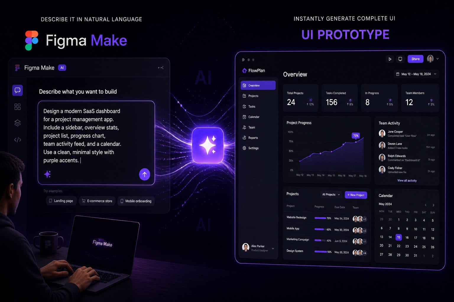 () concept illustration showing a split-screen view: left side displays a designer typing a natural language prompt into