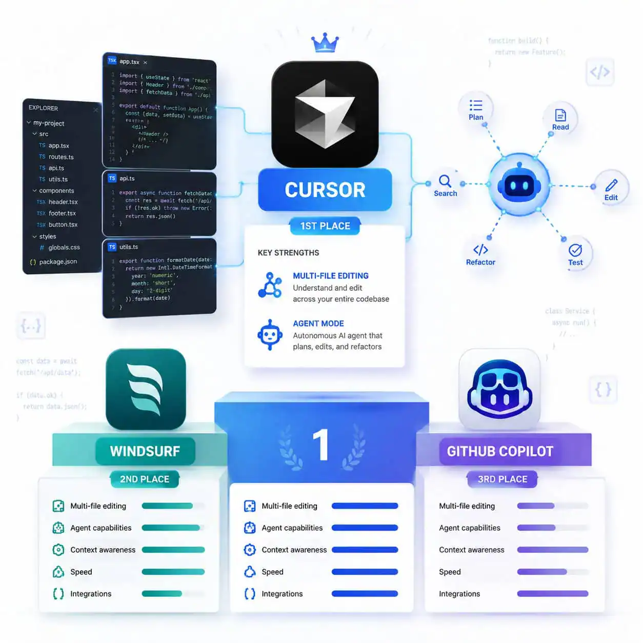 () conceptual comparison image showing three code editor logos (representing Cursor, Windsurf, and GitHub Copilot)