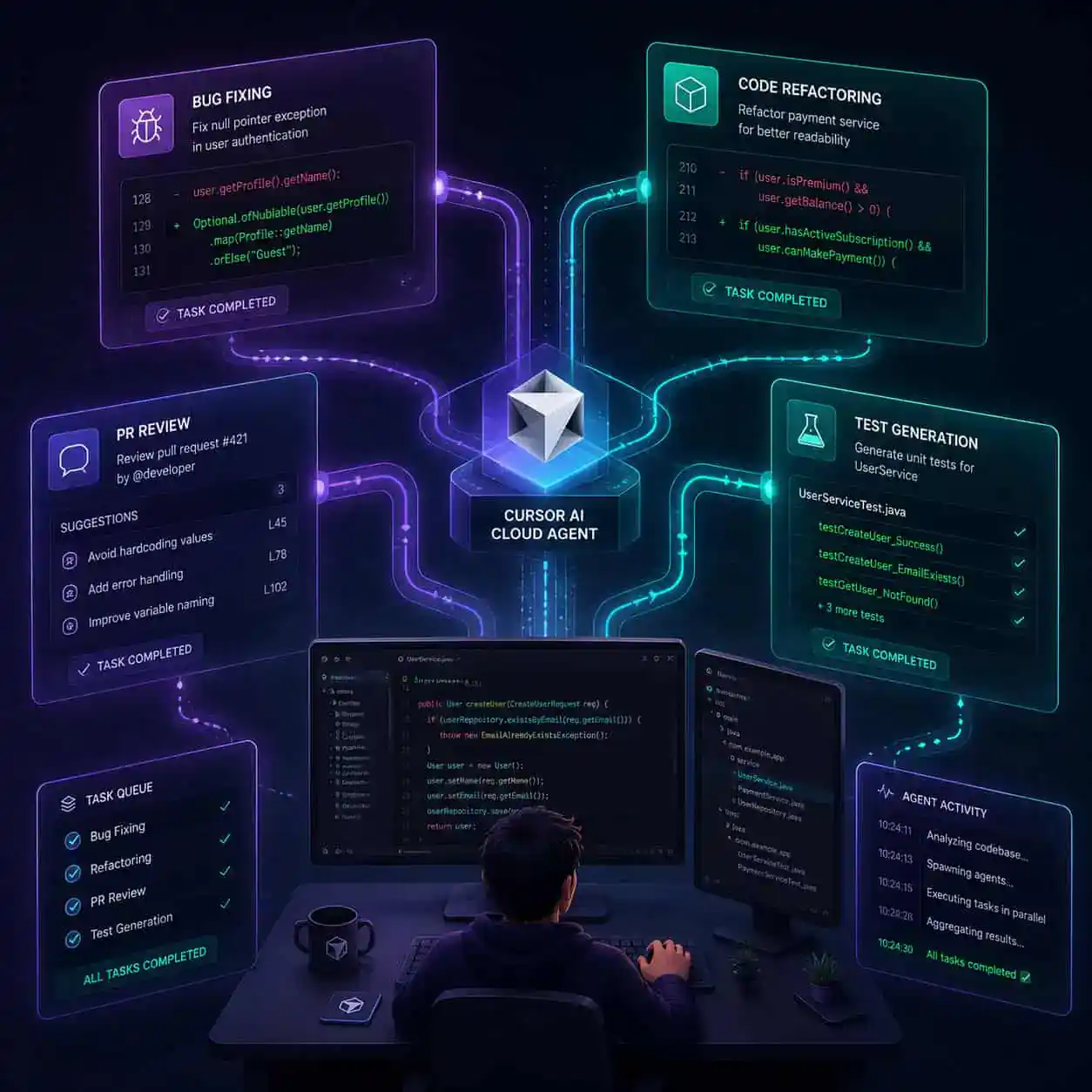 () conceptual illustration of Cursor AI's multitask and cloud agent architecture, showing a central developer avatar at a