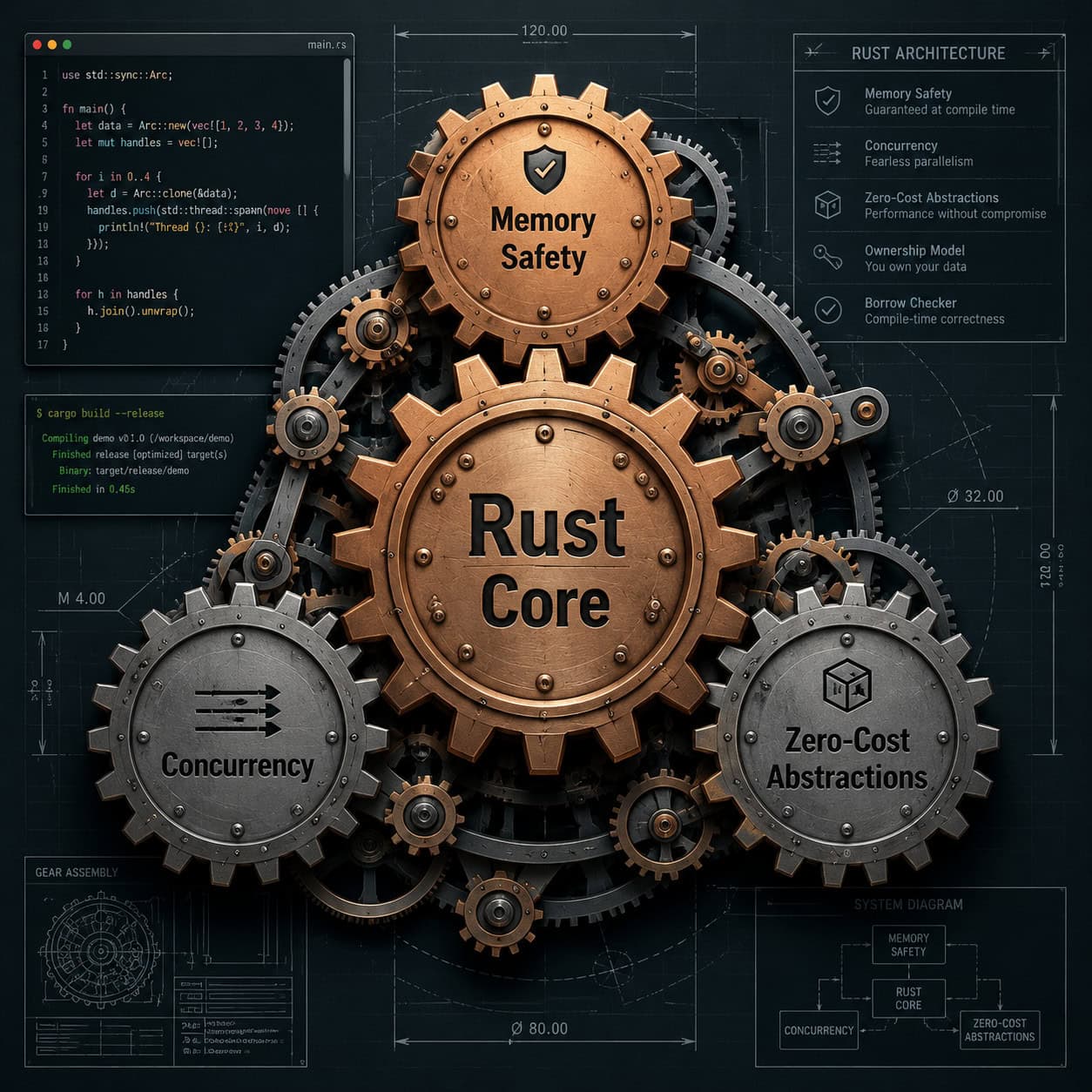 () conceptual illustration of Rust programming architecture showing interlocking metal gears and cogs in copper and steel