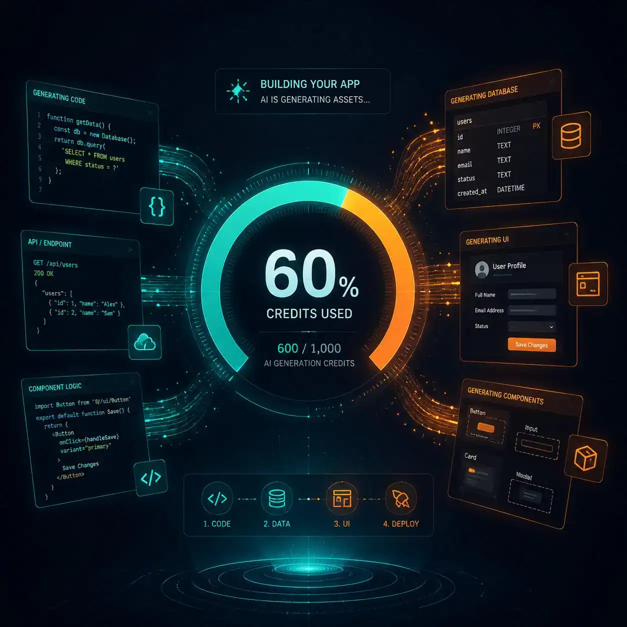 () conceptual illustration of a credit system meter or gauge showing AI generation credits being consumed during app