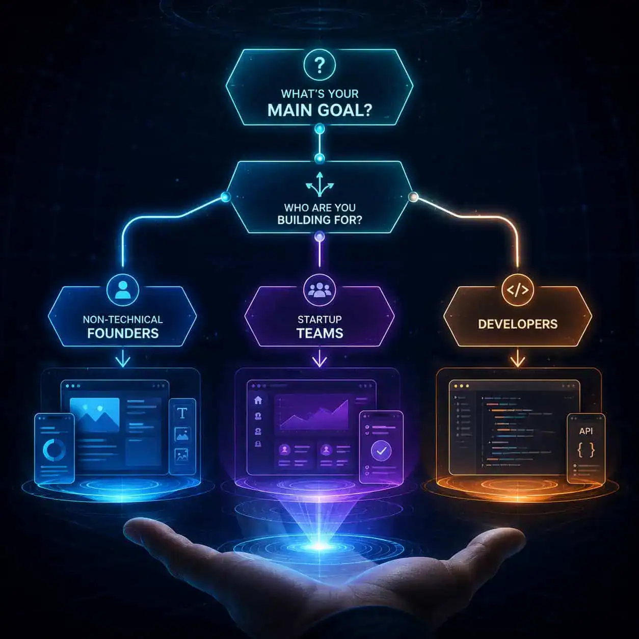 () conceptual illustration of a decision flowchart rendered as a futuristic holographic projection floating above an open