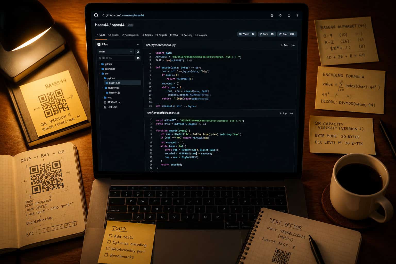 () conceptual illustration of a developer workspace from a top-down bird's eye view showing a laptop screen displaying a