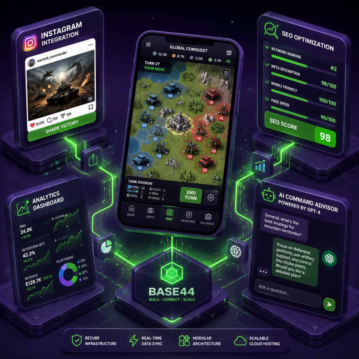 () conceptual illustration of a strategic game app ecosystem built with Base44: central phone screen displays a military