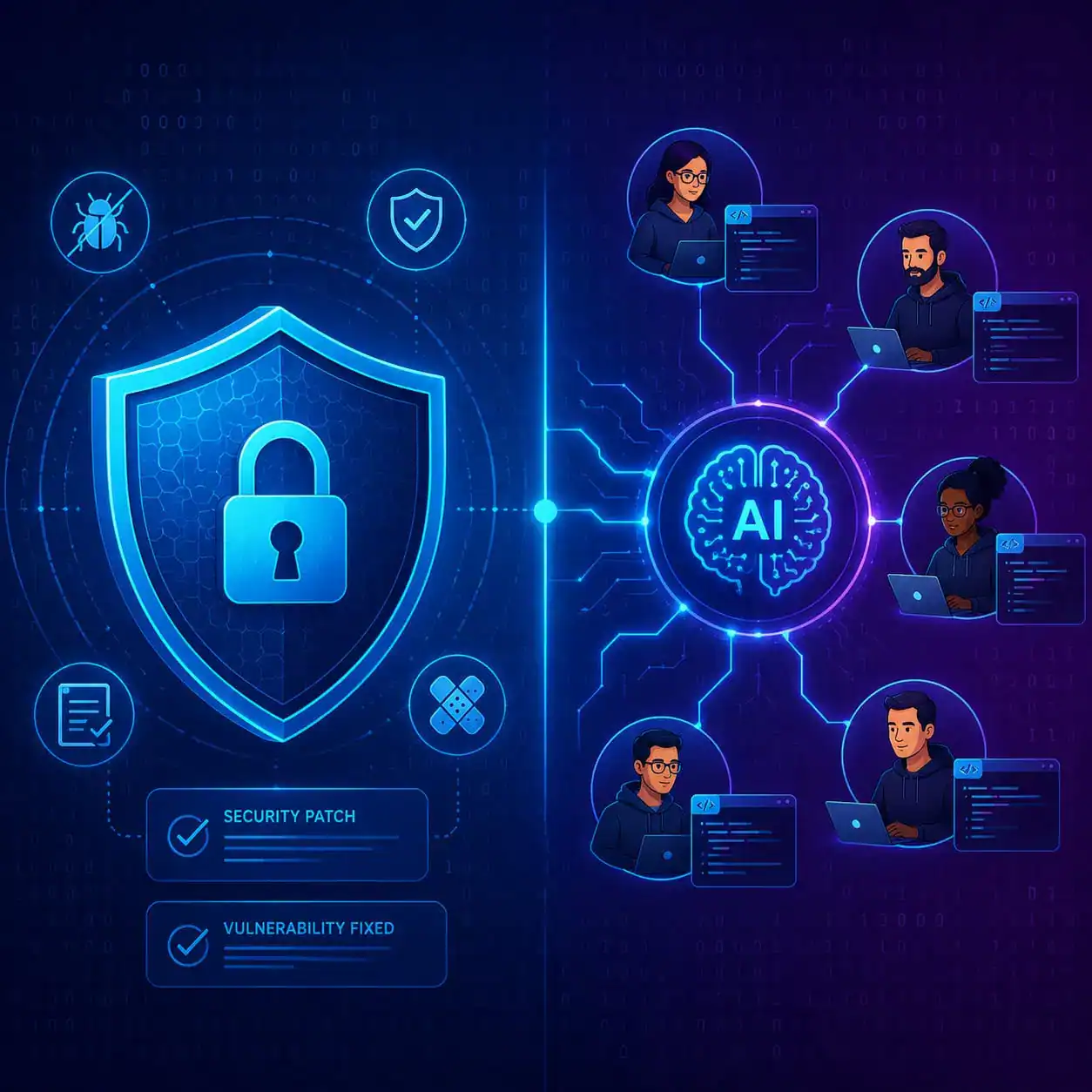 () conceptual illustration of enterprise security and AI coding collaboration. Split composition: left side shows a shield