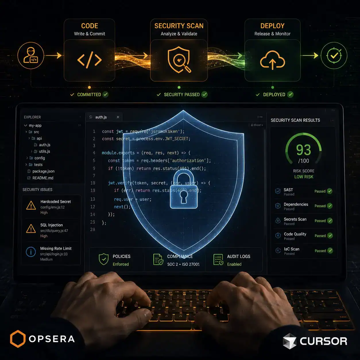 () conceptual illustration of enterprise security in AI coding. Shows a developer's hands on keyboard with a translucent
