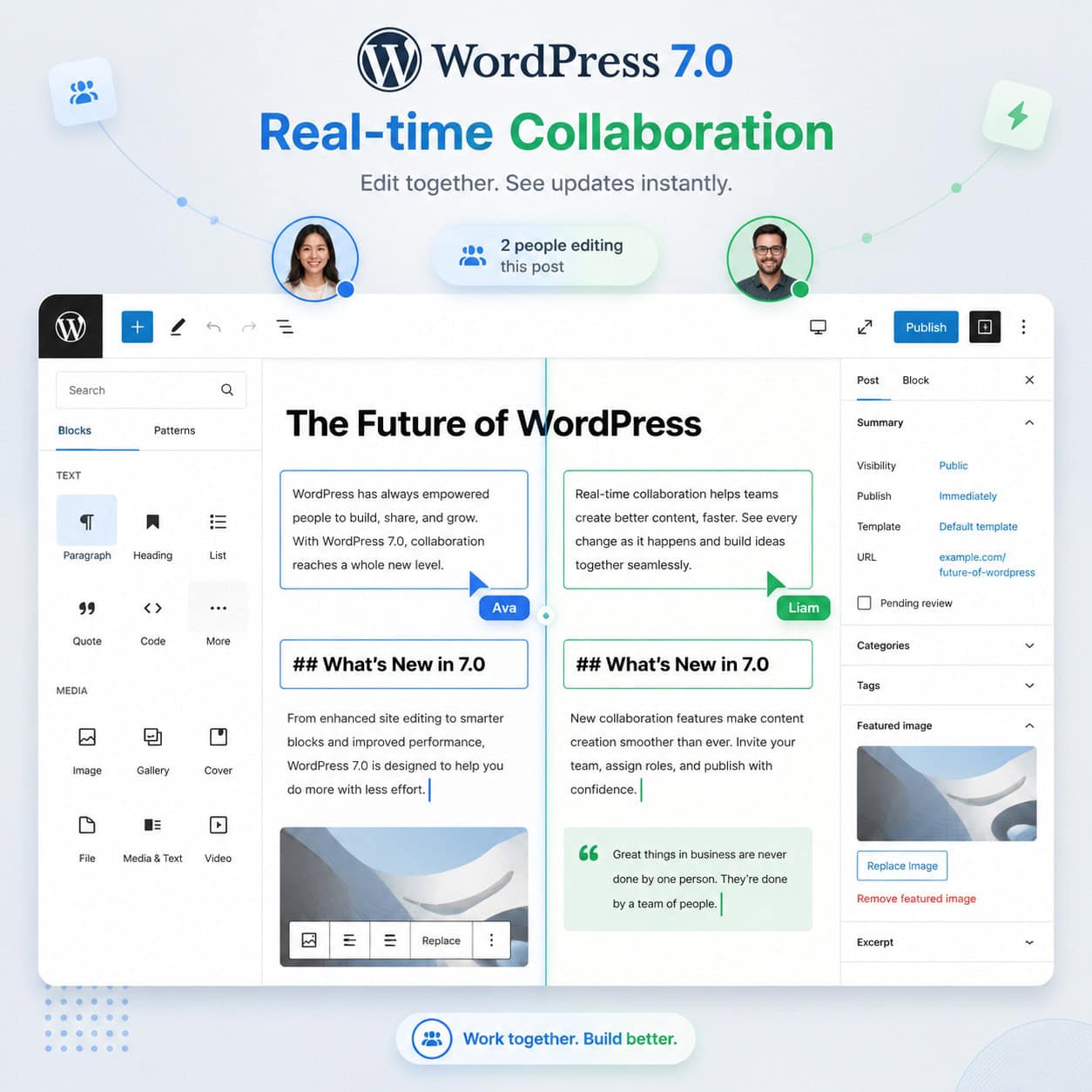 () conceptual illustration of real-time collaboration in WordPress 7.0. Split screen showing two different users editing the