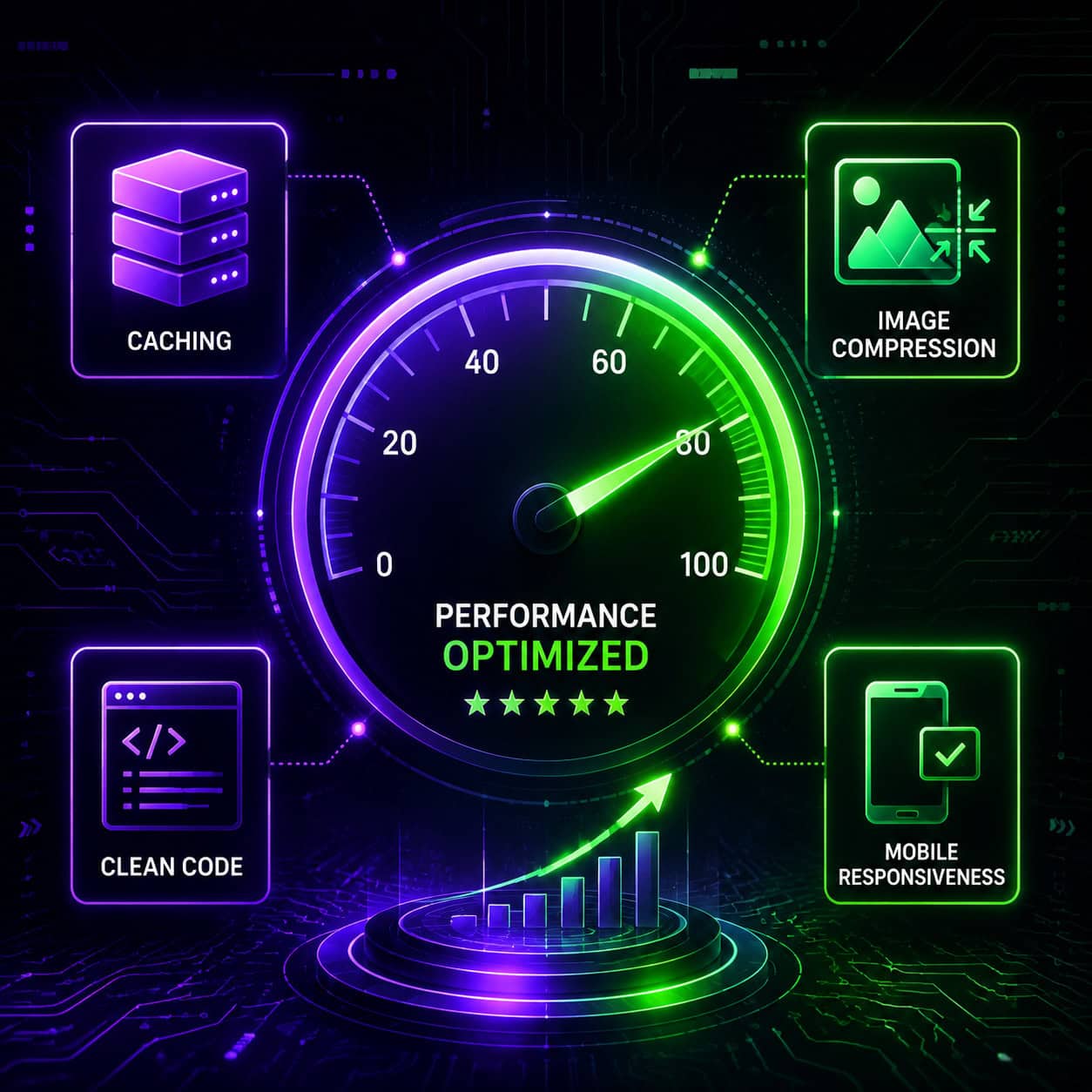 () conceptual illustration of website performance optimization showing a speedometer gauge pointing to high performance zone