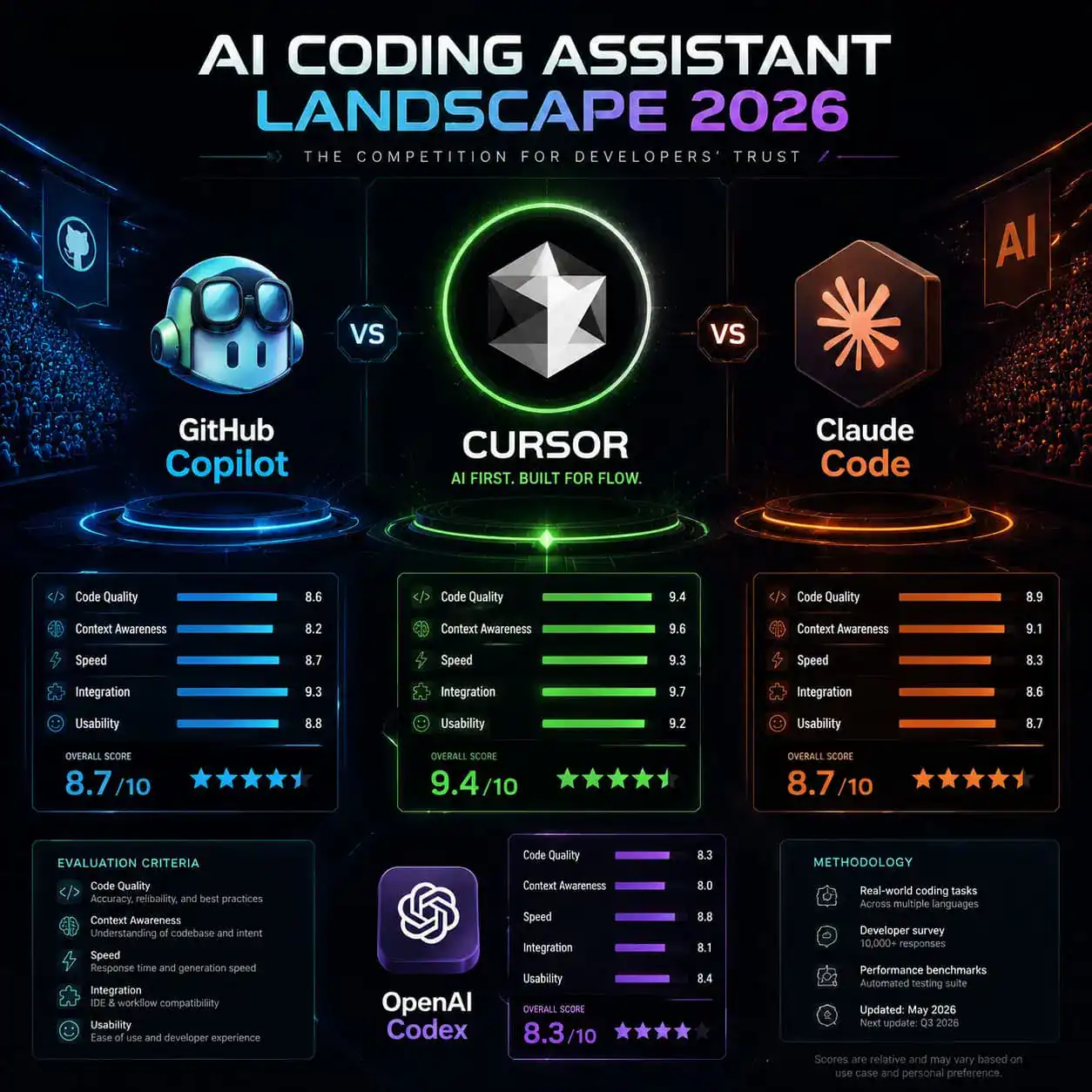 () conceptual illustration showing AI coding assistant competition landscape, split-screen composition with Cursor logo