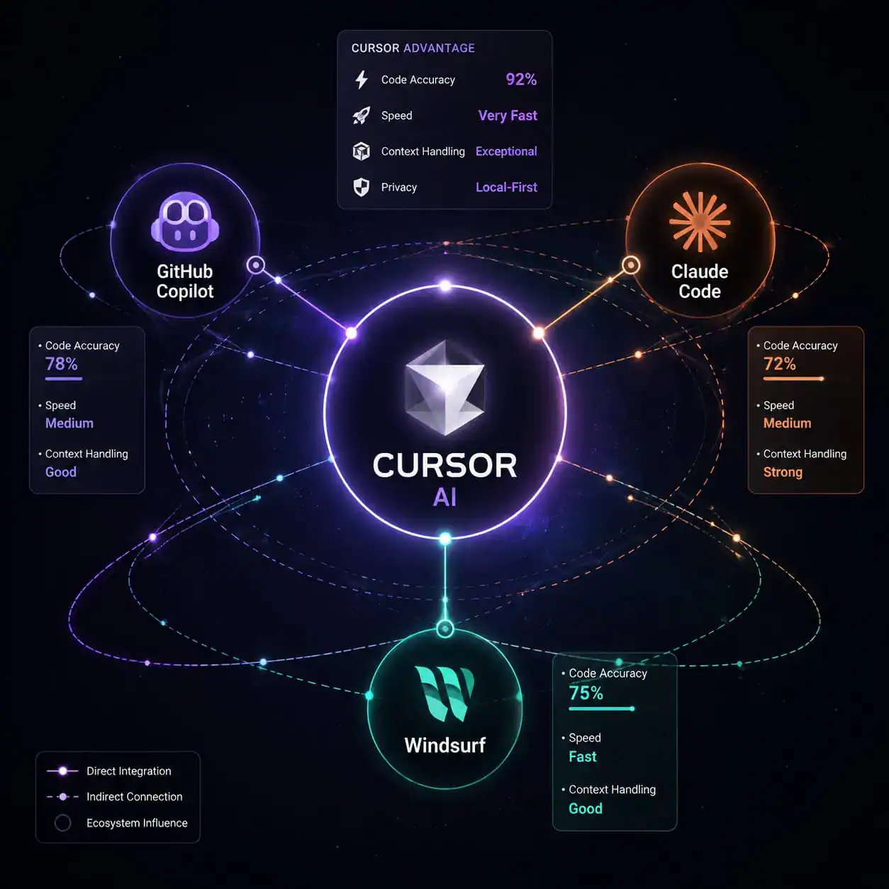 () conceptual illustration showing Cursor AI at the center of a connected ecosystem diagram with competitor logos