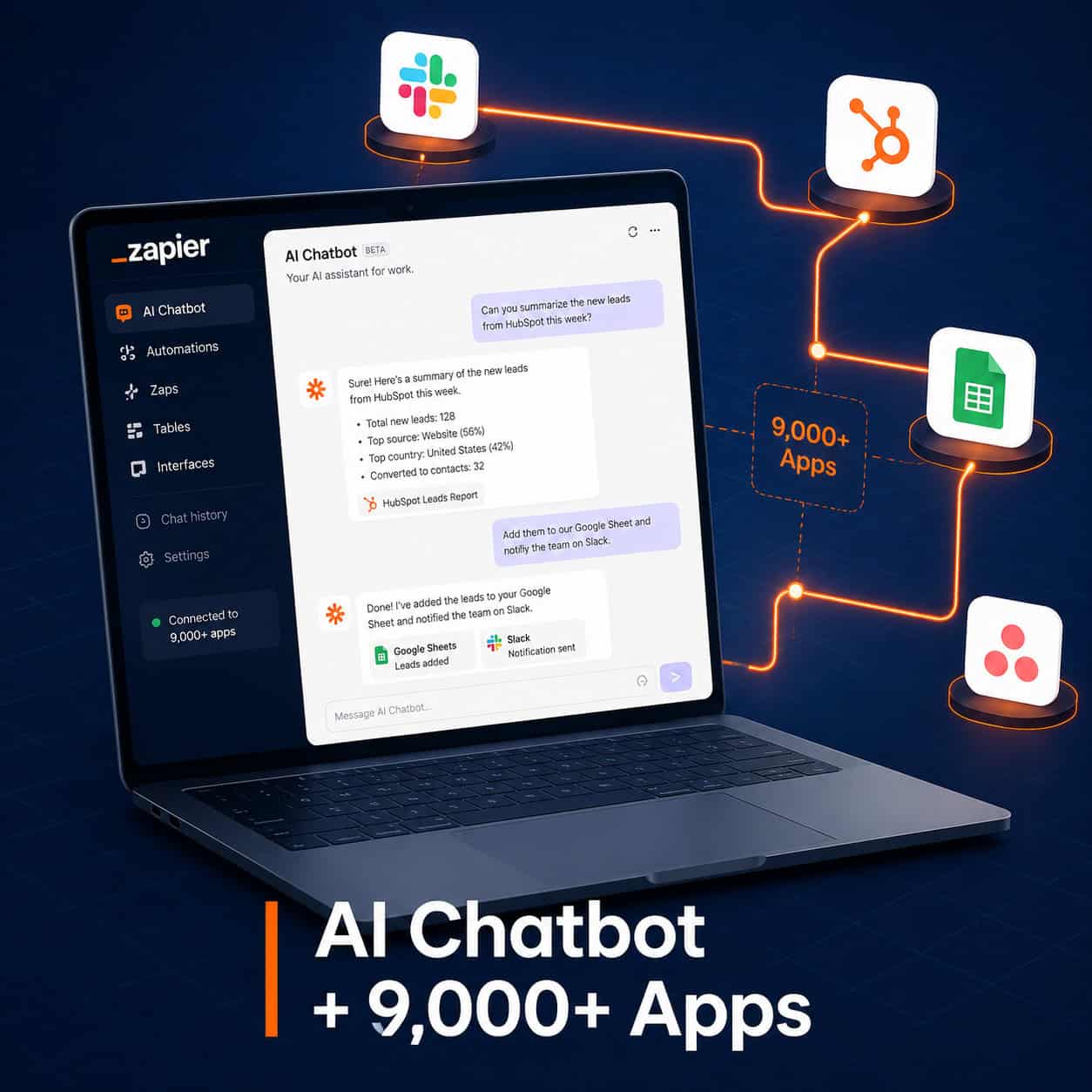 () conceptual illustration showing a Zapier AI chatbot interface on a laptop screen with a conversation thread visible,