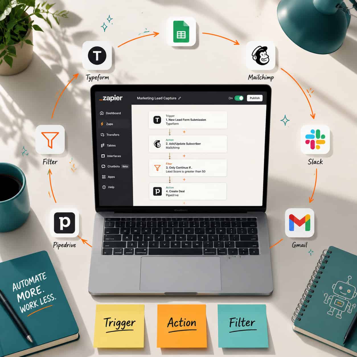 () conceptual illustration showing a bird's-eye view of a clean desk with a laptop displaying a Zapier workflow builder