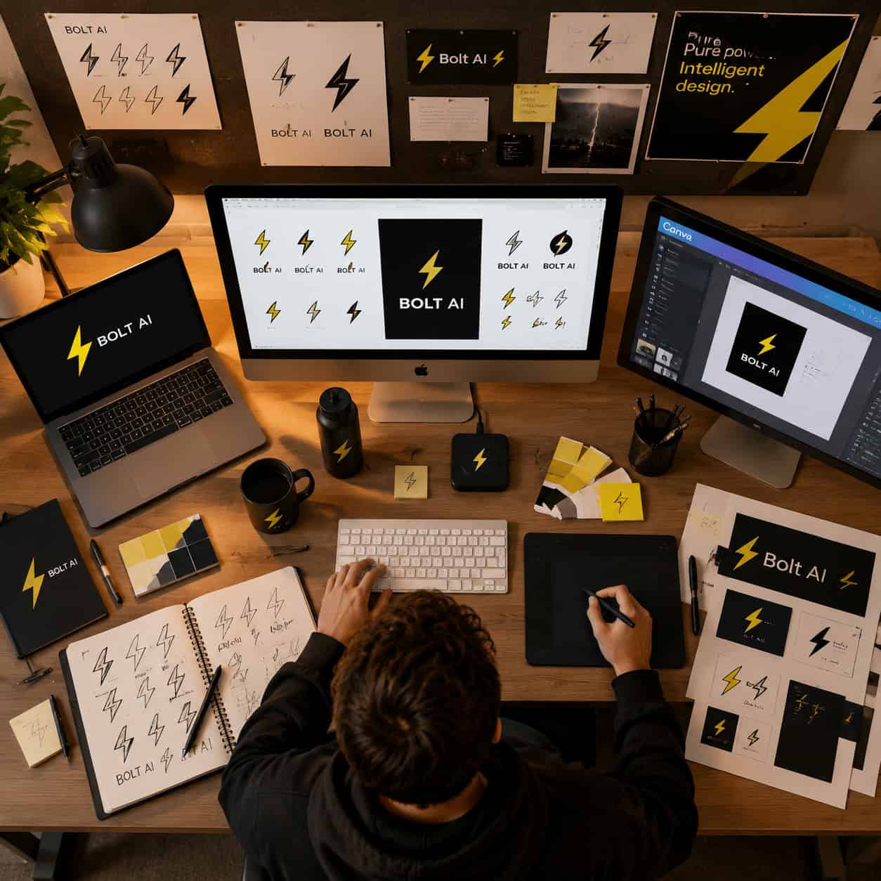 () conceptual illustration showing a designer's workstation with multiple screens displaying logo design iterations of a
