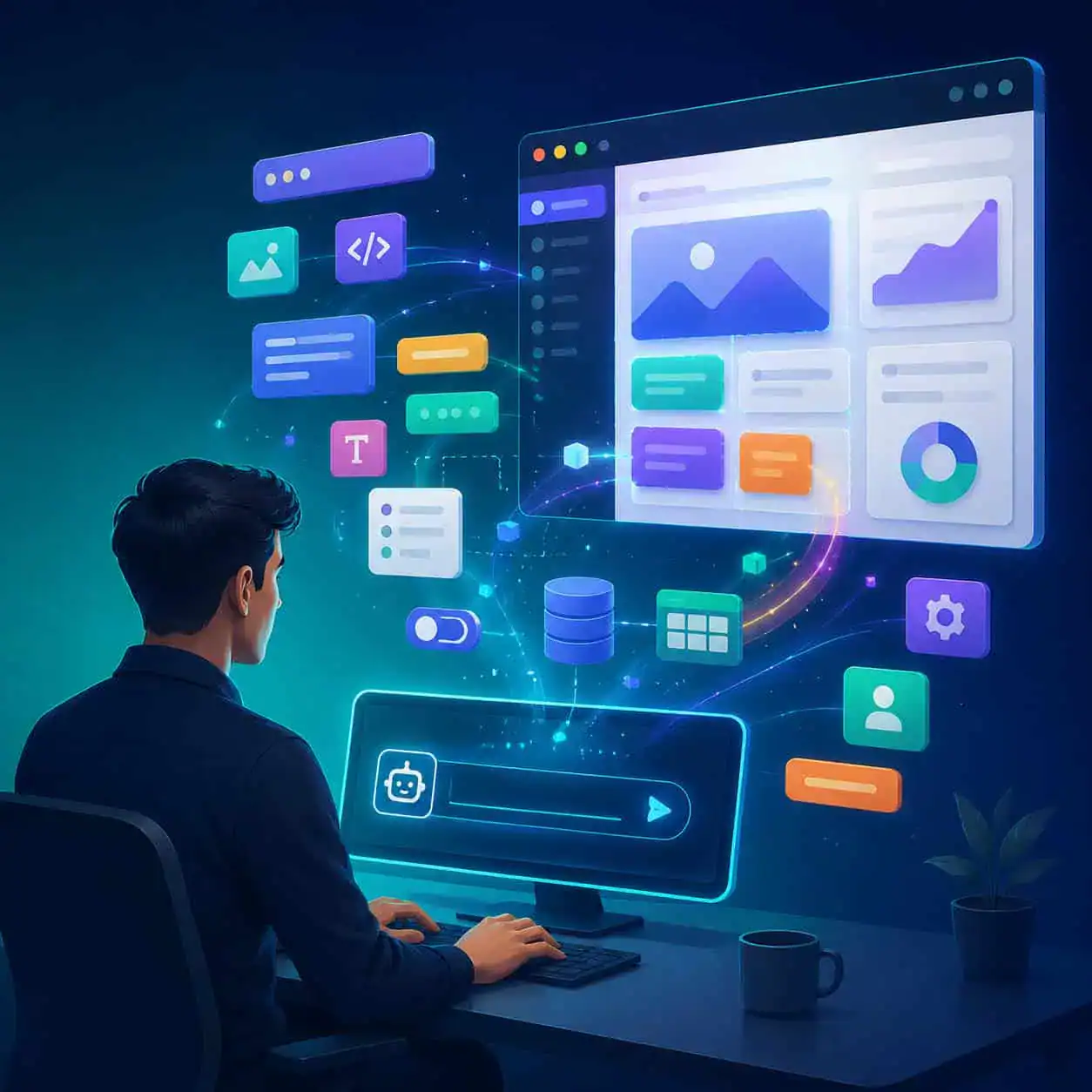 () conceptual illustration showing a person sitting at a minimalist desk typing a text prompt into a glowing AI chat