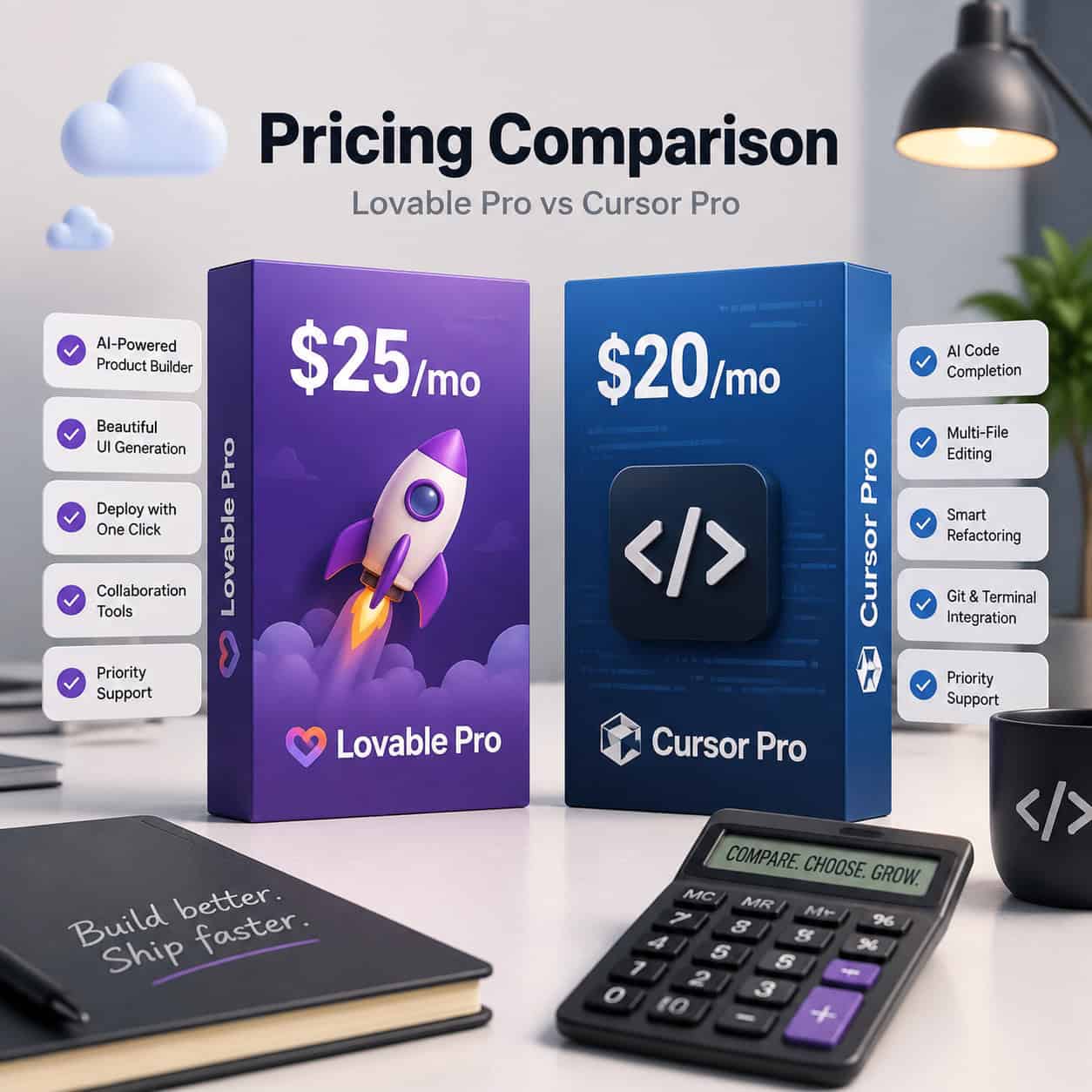 () conceptual illustration showing a pricing comparison scene. Two product boxes on a modern desk: one purple box labeled