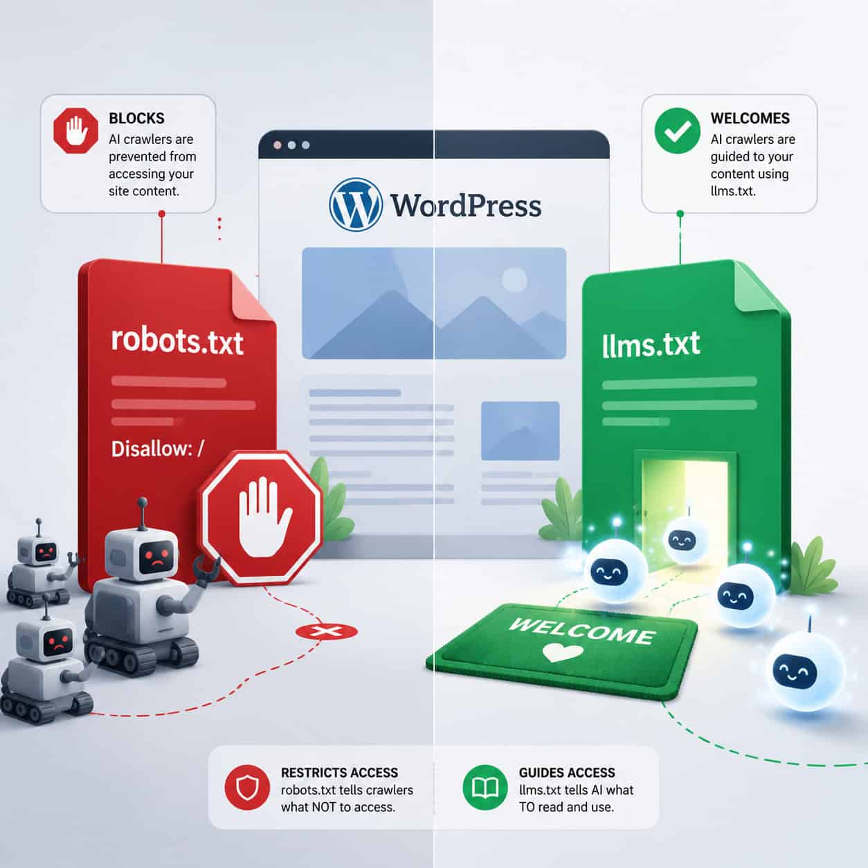 () conceptual illustration showing a split-screen comparison: on the left side a robots.txt file icon in red with a stop