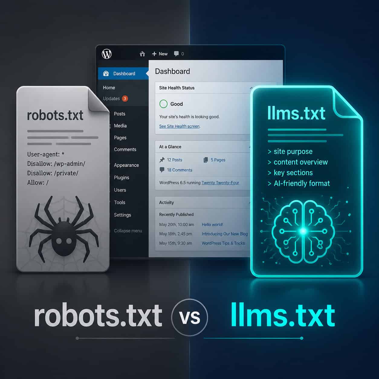 () conceptual illustration showing a split-screen comparison: on the left side, a traditional robots.txt file icon in muted