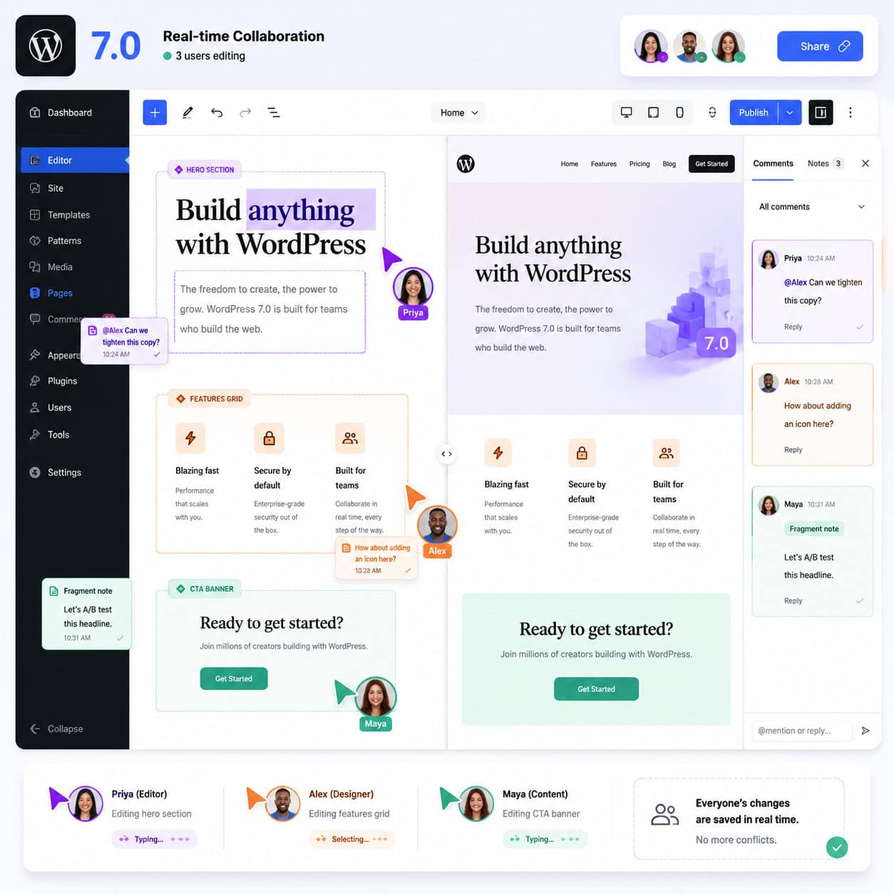 () conceptual illustration showing real-time collaboration in WordPress 7.0: a split-screen view of a webpage being edited
