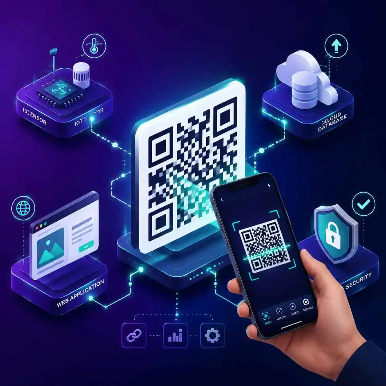 () conceptual illustration showing real-world applications of Base44 encoding. Central focus is a large stylized QR code