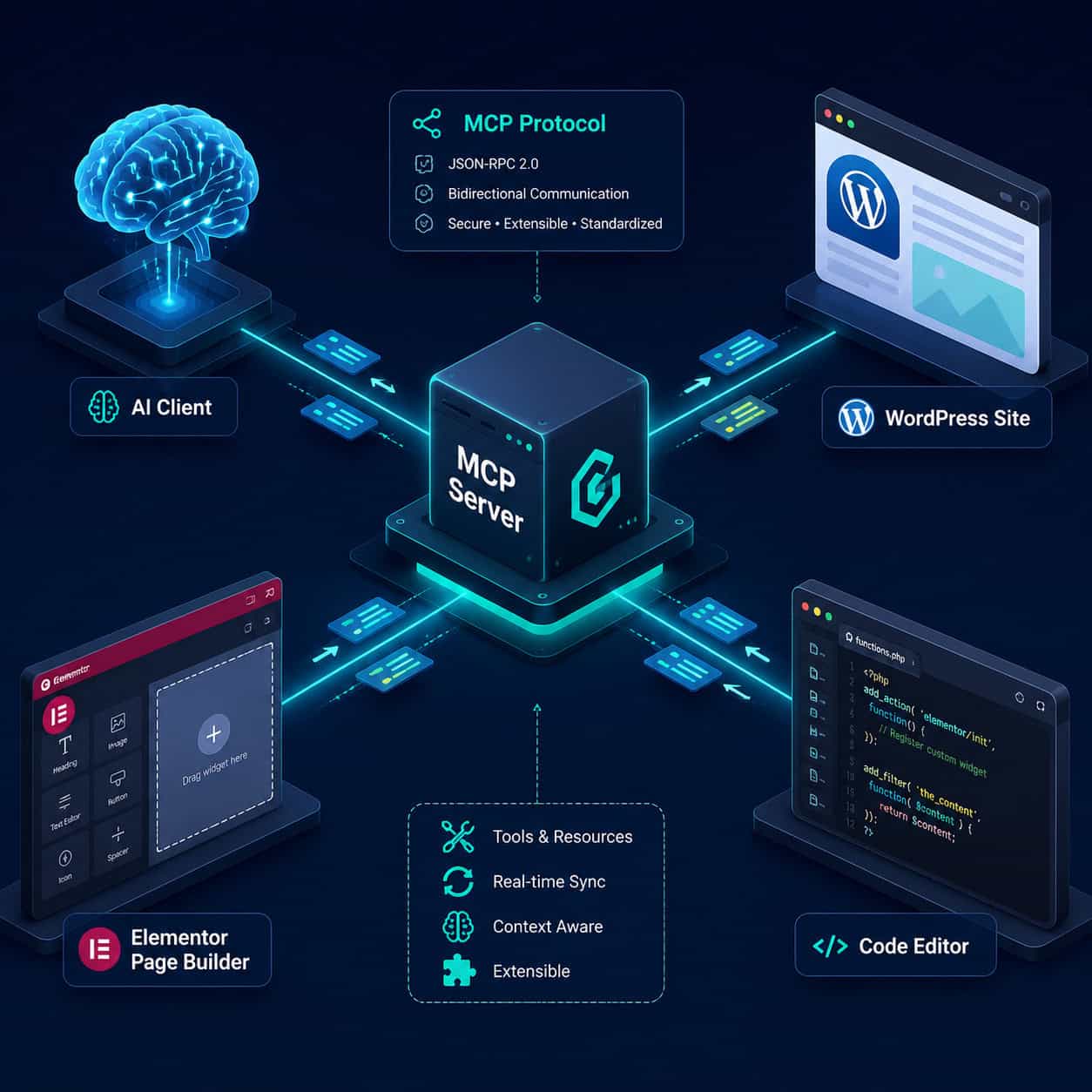 () conceptual illustration showing the MCP protocol architecture for Elementor. A central hub labeled 'MCP Server' connects