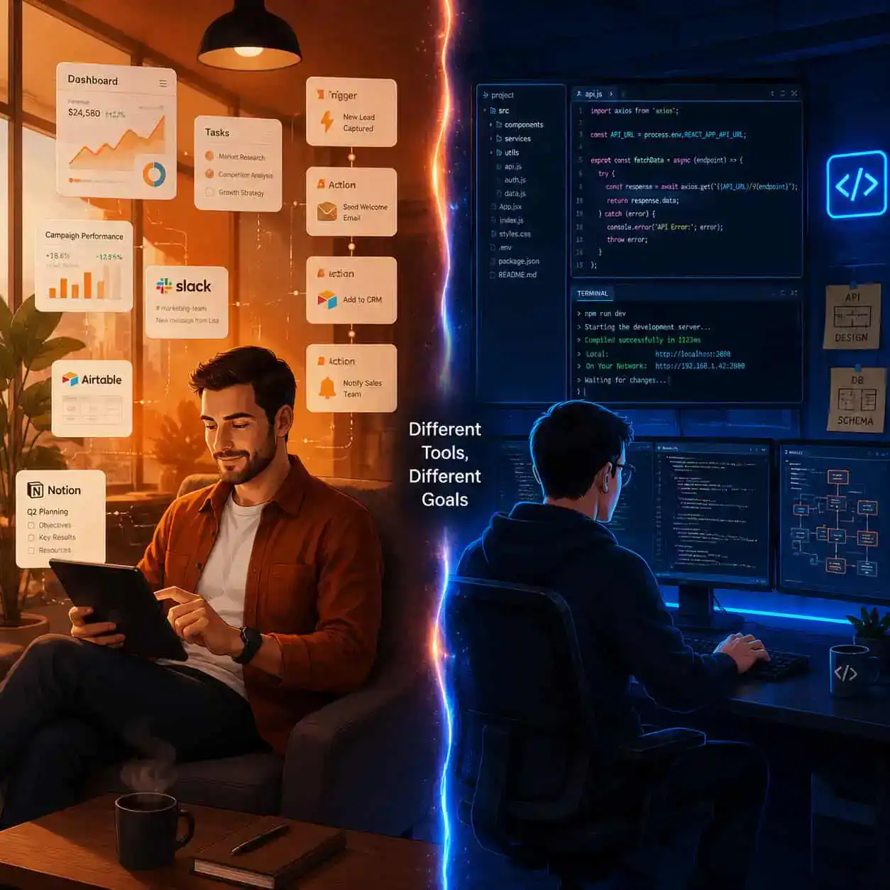 () conceptual illustration showing two distinct user personas side by side. Left persona: a business professional in casual