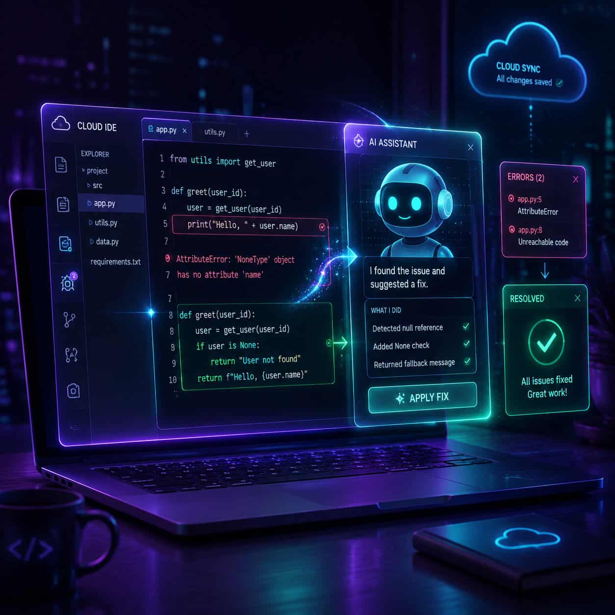 () conceptual image showing AI-assisted debugging in a cloud IDE: a futuristic holographic display emerging from a laptop