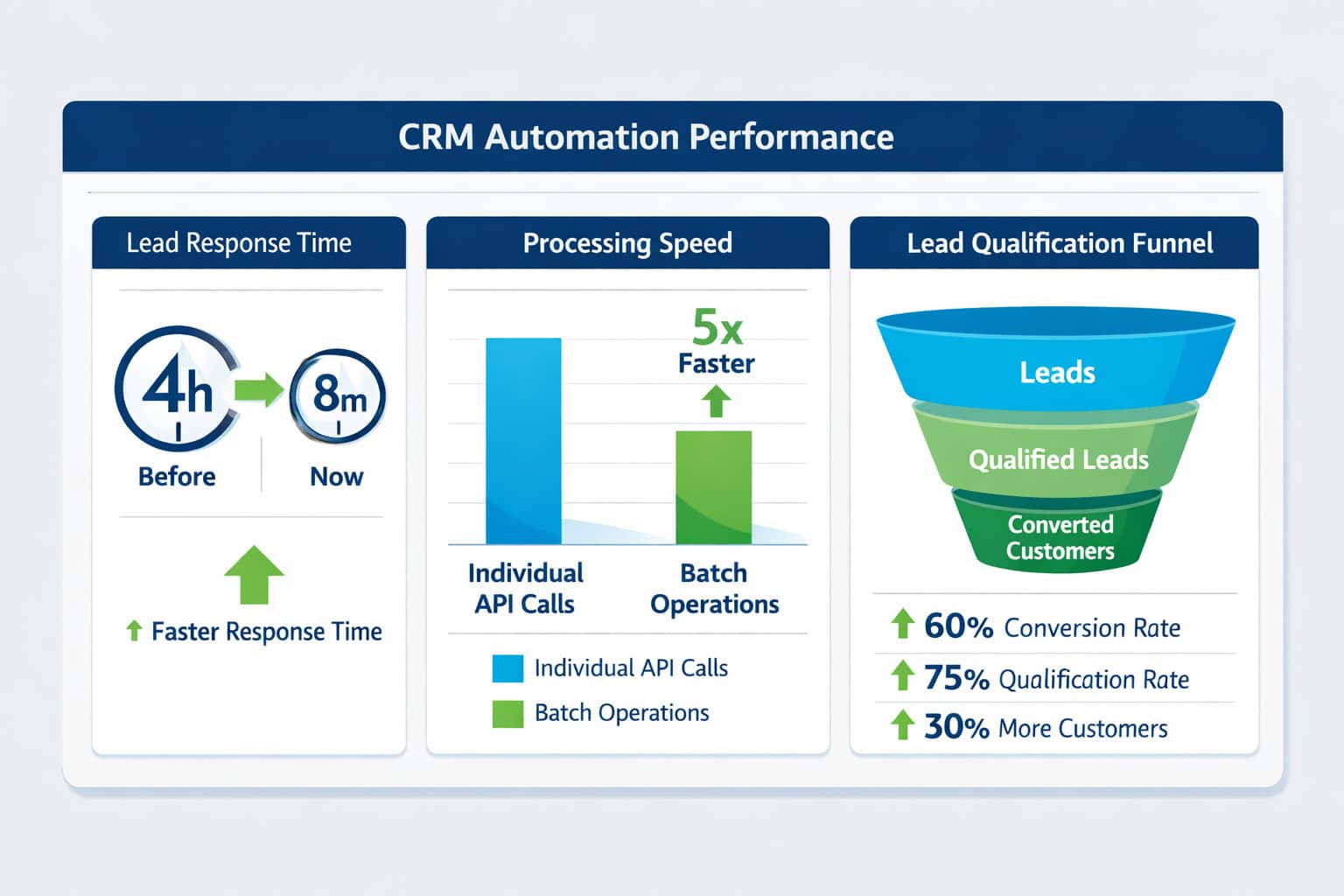 () data visualization dashboard mockup showing CRM automation performance metrics: lead response time dropping from 4 hours