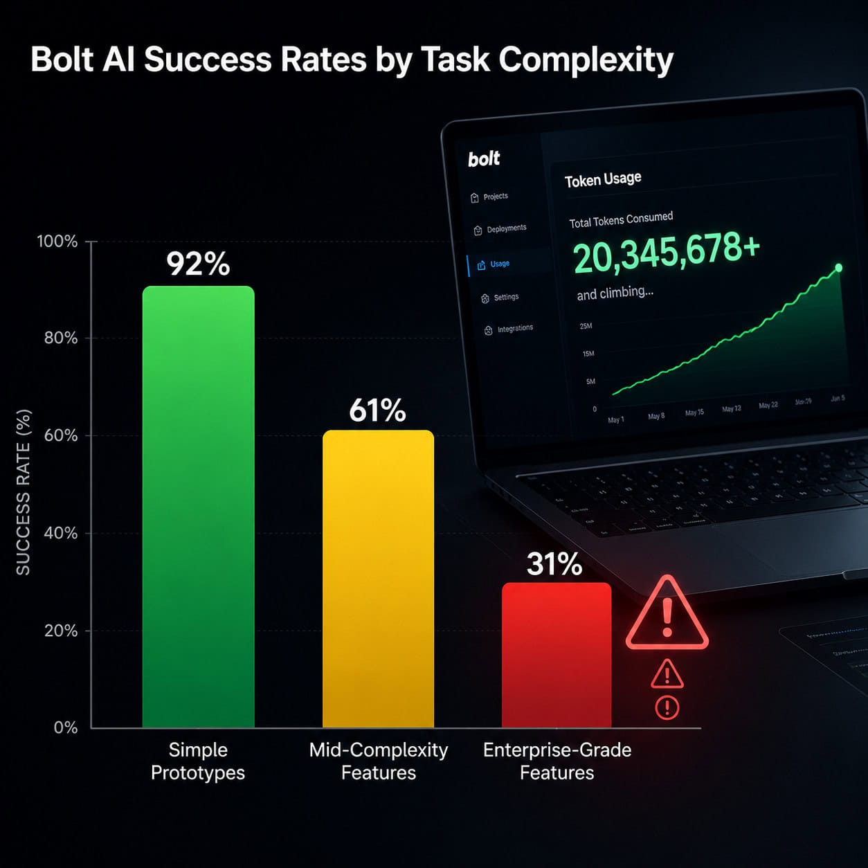 () data visualization showing a bar chart titled 'Bolt AI Success Rates by Task Complexity' with three bars: Simple