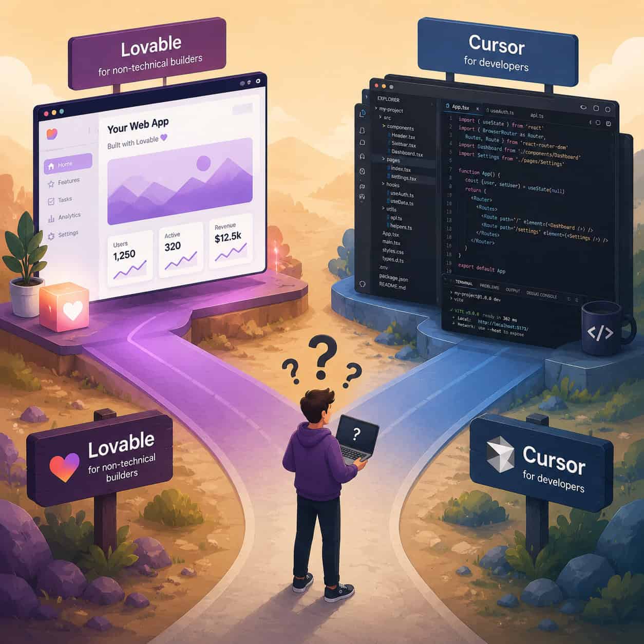() decision flowchart illustration showing a person at a fork in a road. Left path is purple-tinted leading to a completed