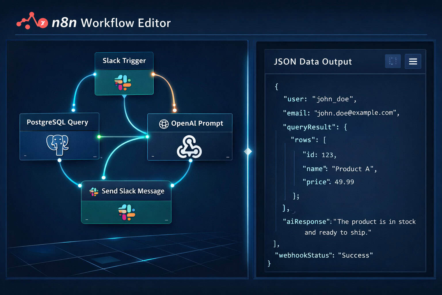 () detailed infographic-style illustration showing N8N workflow editor interface with multiple connected nodes representing