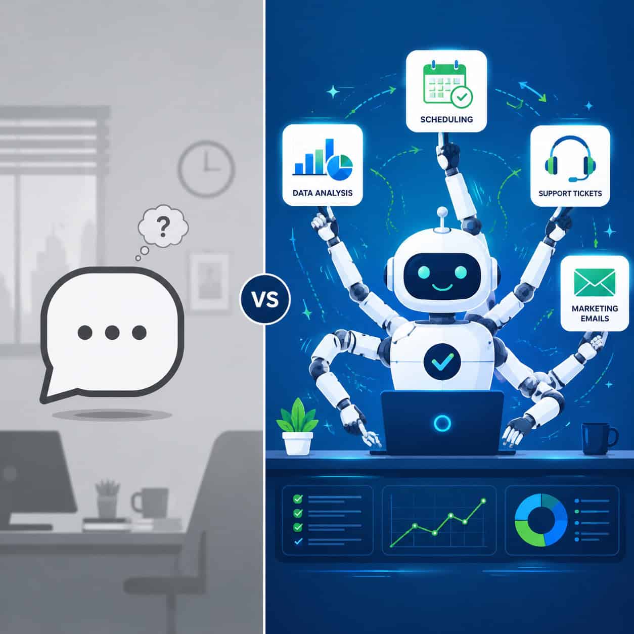 () detailed infographic-style illustration showing a comparison between a traditional chatbot (depicted as a simple speech