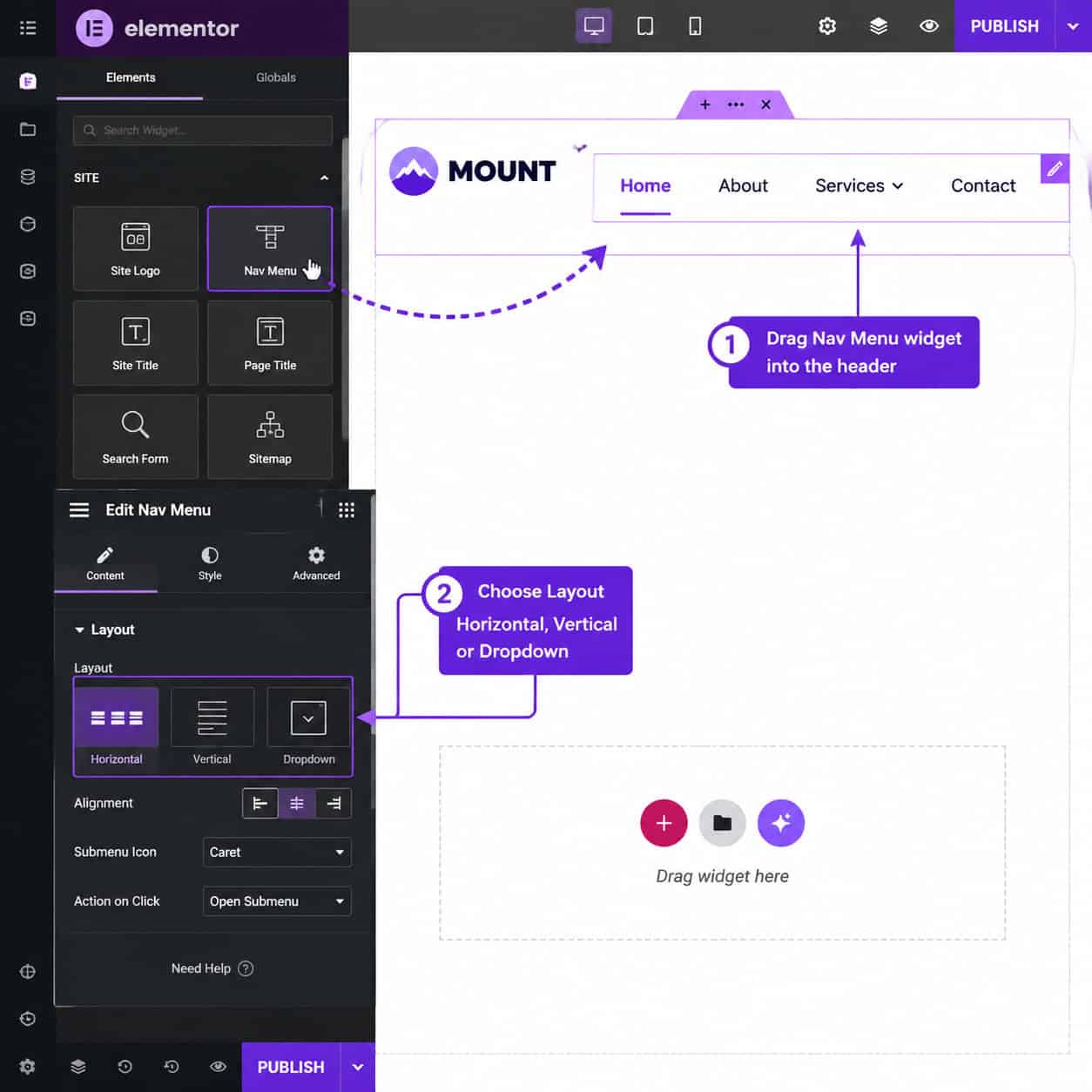 () detailed view of the Elementor editor sidebar panel showing the Nav Menu widget being dragged onto a header section. The