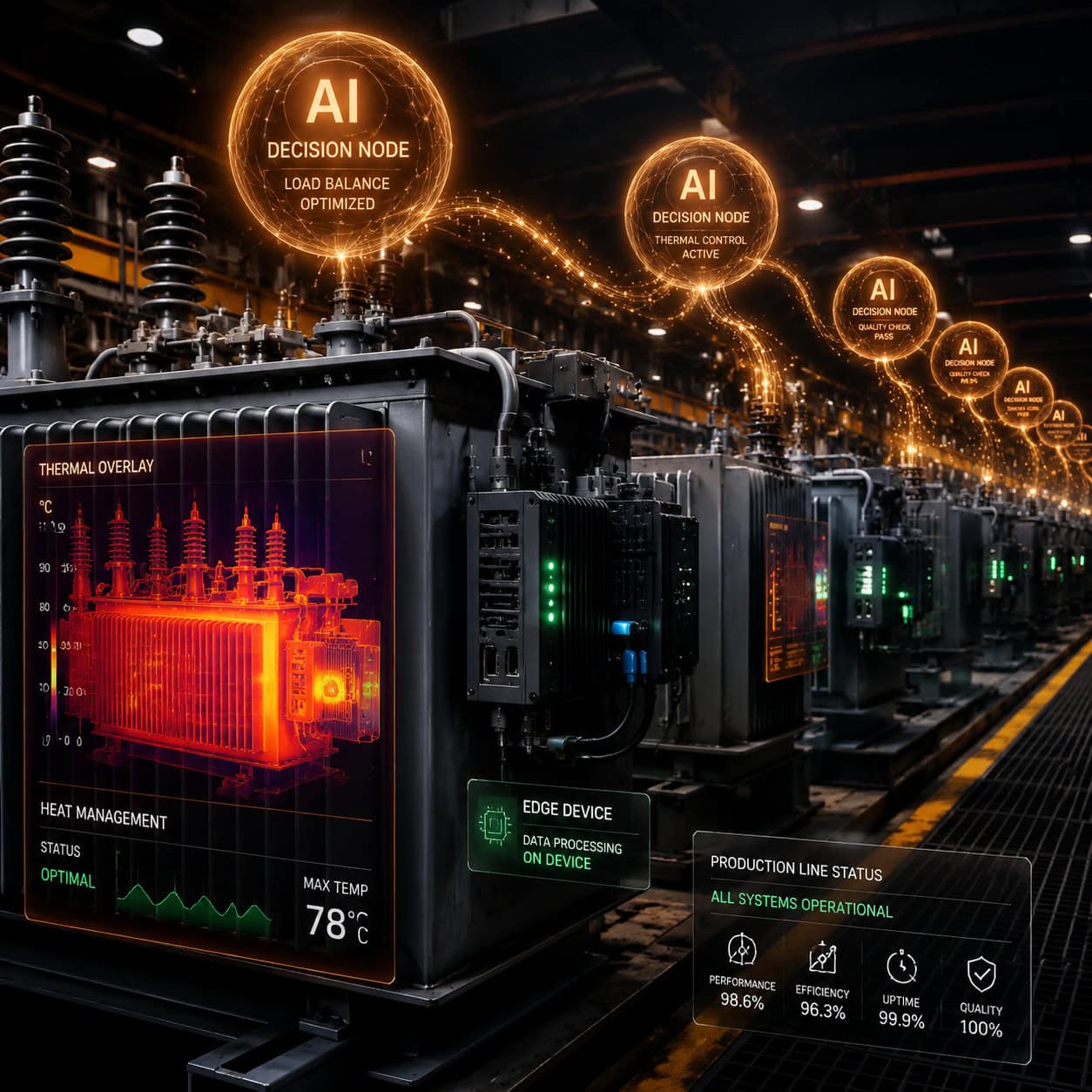 () dramatic close-up perspective of a smart manufacturing production line with embedded AI decision nodes visualized as
