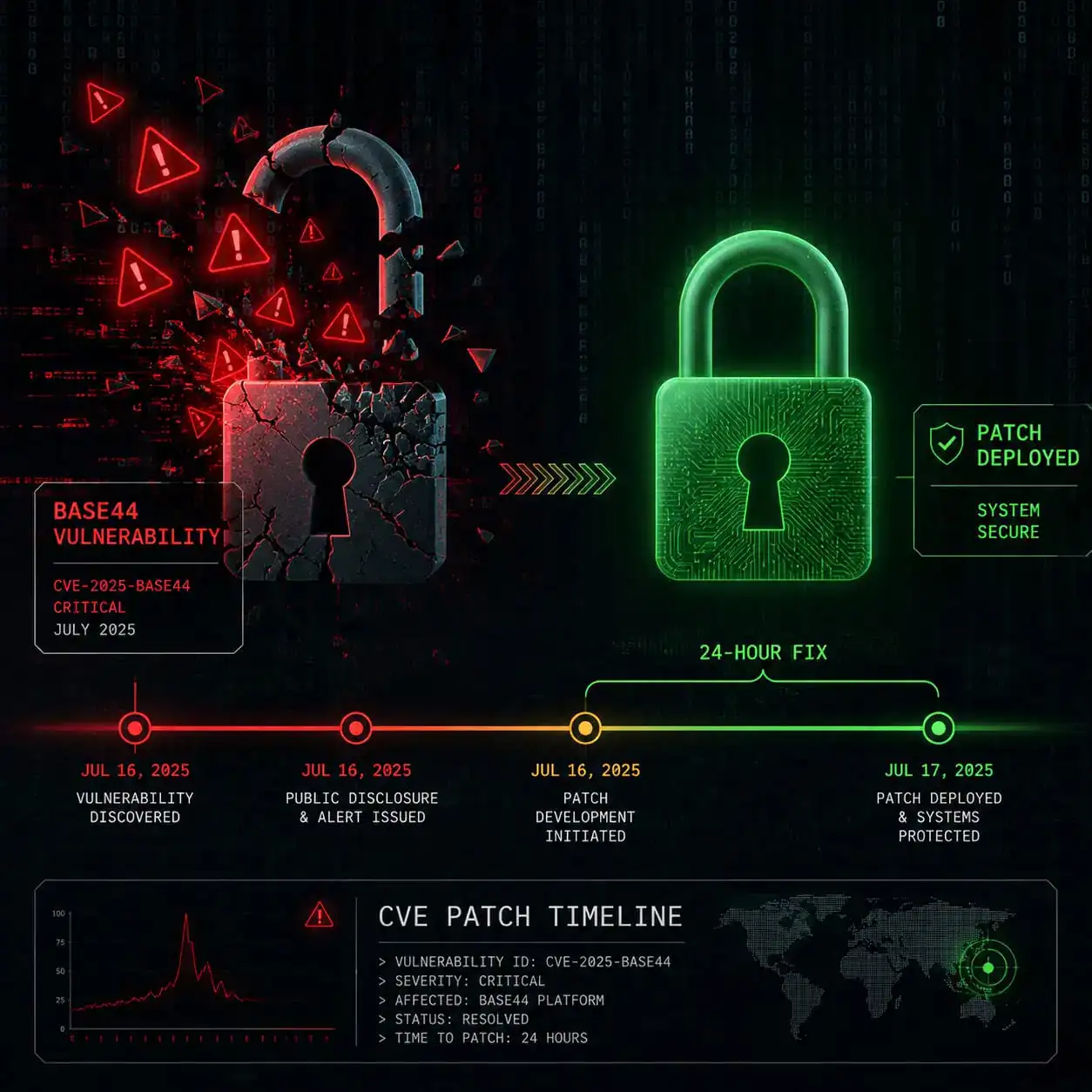 () dramatic cybersecurity concept illustration showing a cracked digital lock with red warning triangles emerging from it,