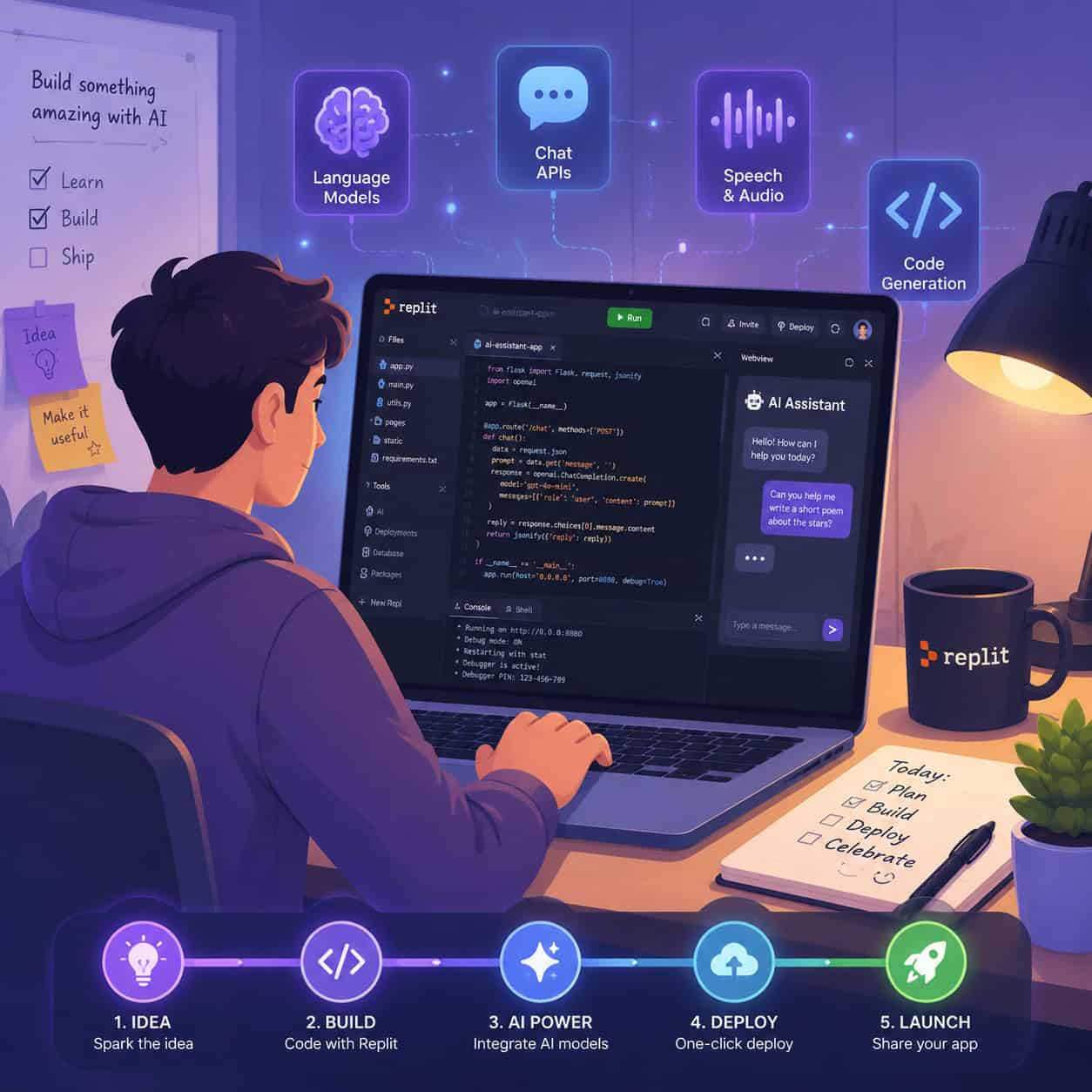 () editorial illustration showing a beginner's journey into AI app building: a person sitting at a laptop with Replit's