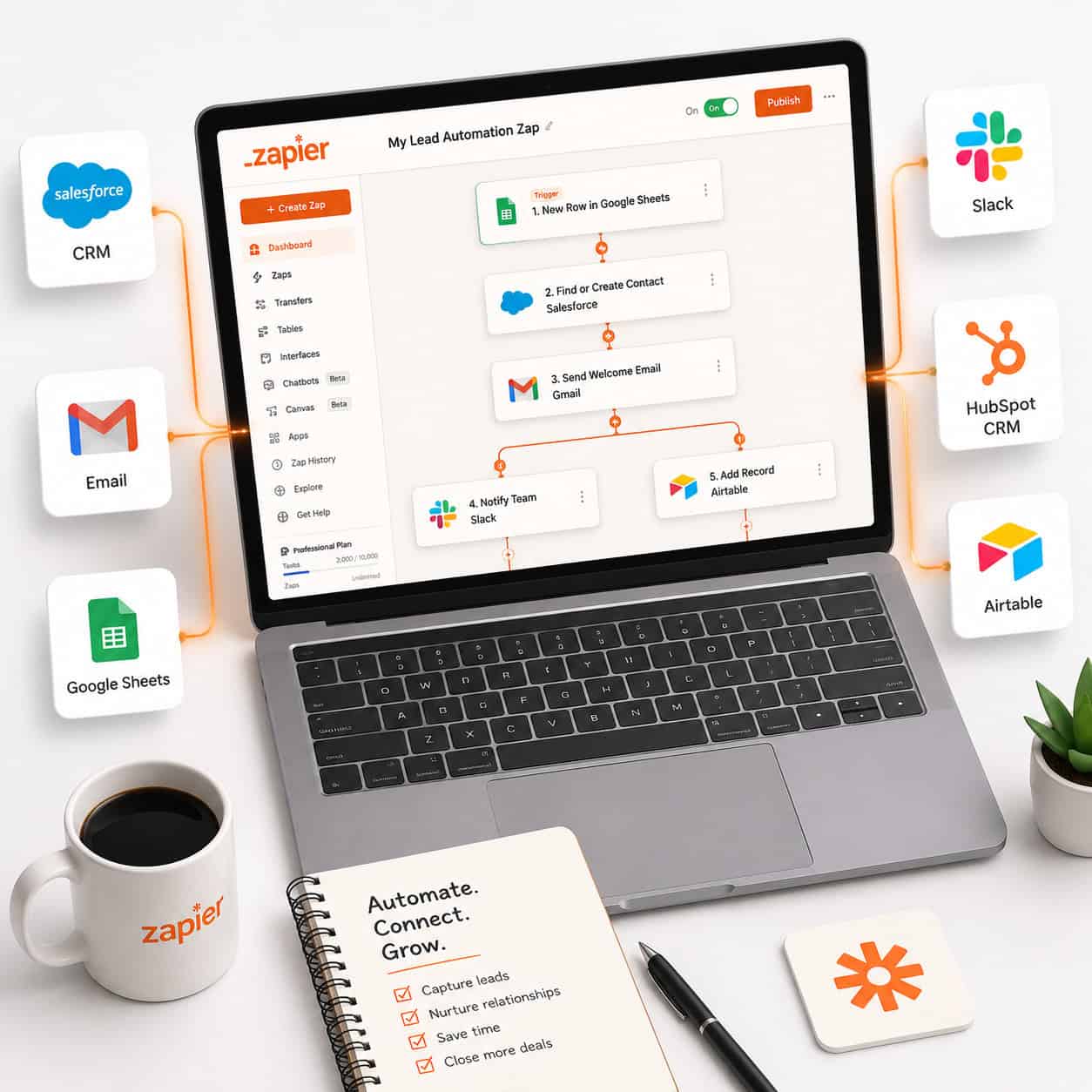 () editorial illustration showing a bird's-eye view of a laptop screen displaying the Zapier dashboard with colorful Zap