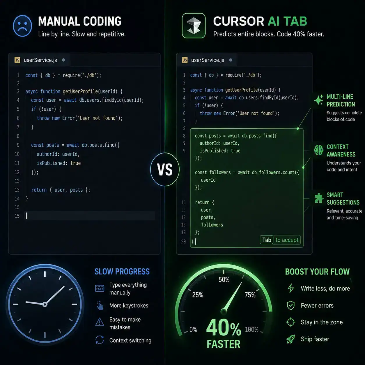 () editorial illustration showing a split-screen comparison: left side shows a developer manually typing code line by line