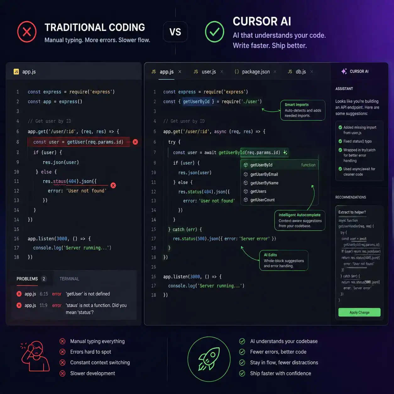 () editorial image showing a split-screen comparison: left side displays a traditional code editor with manual typing and