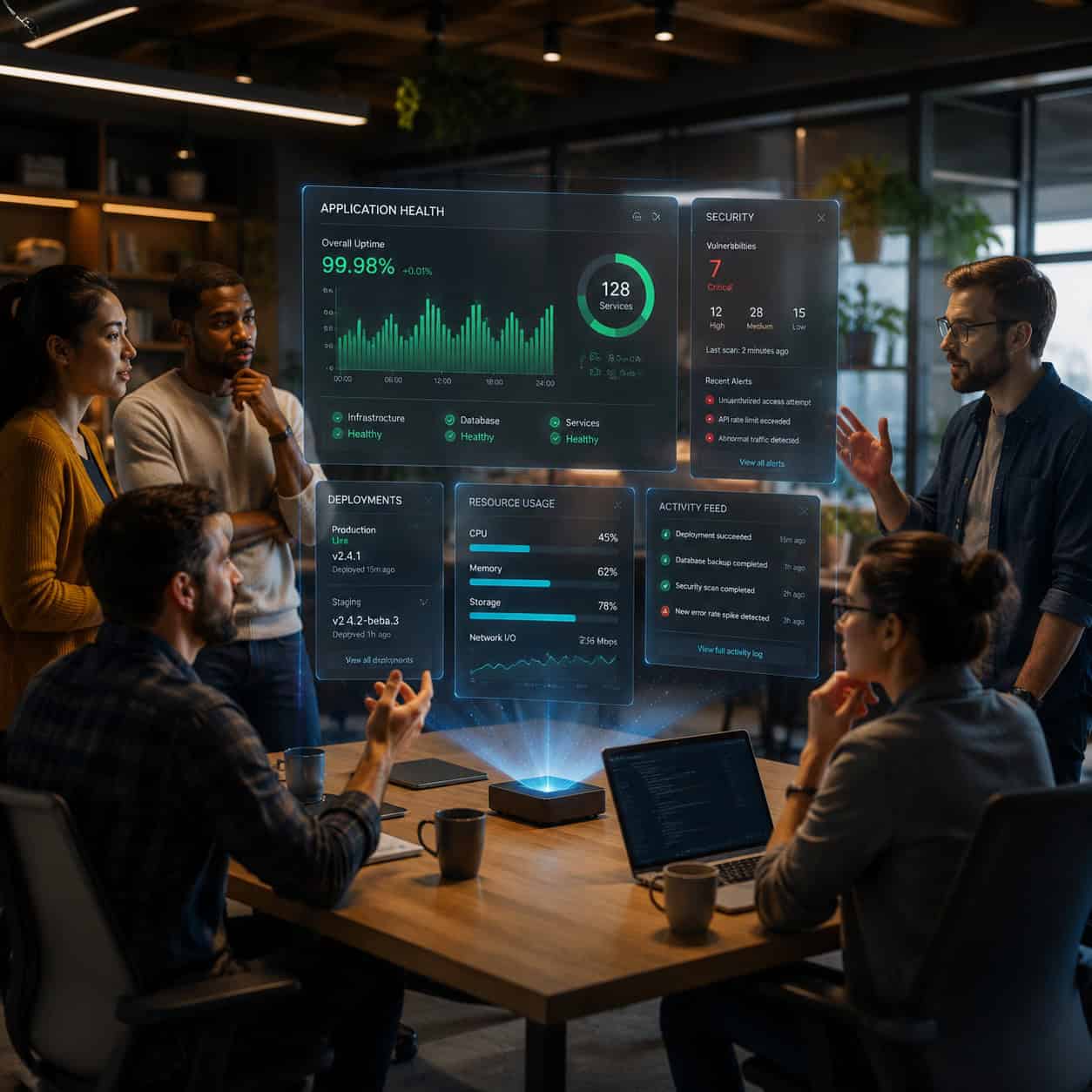 () editorial photo-realistic illustration of a diverse team of developers and non-technical business users gathered around