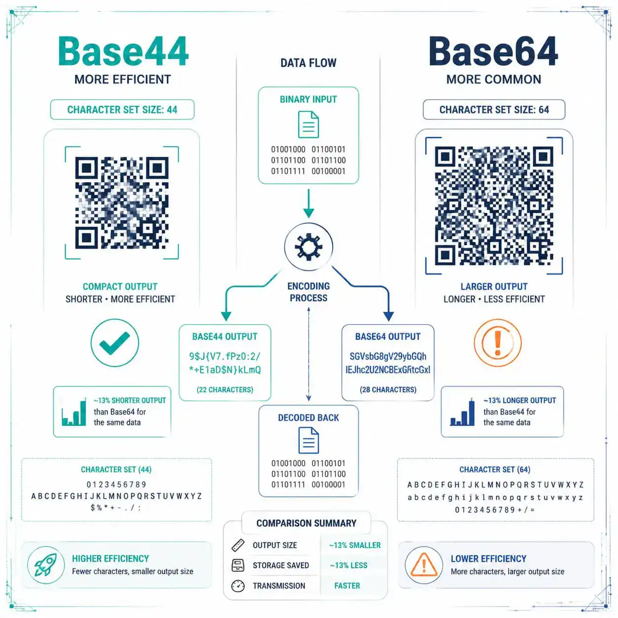 () educational infographic-style illustration comparing Base44 and Base64 encoding side by side. Left panel shows a compact
