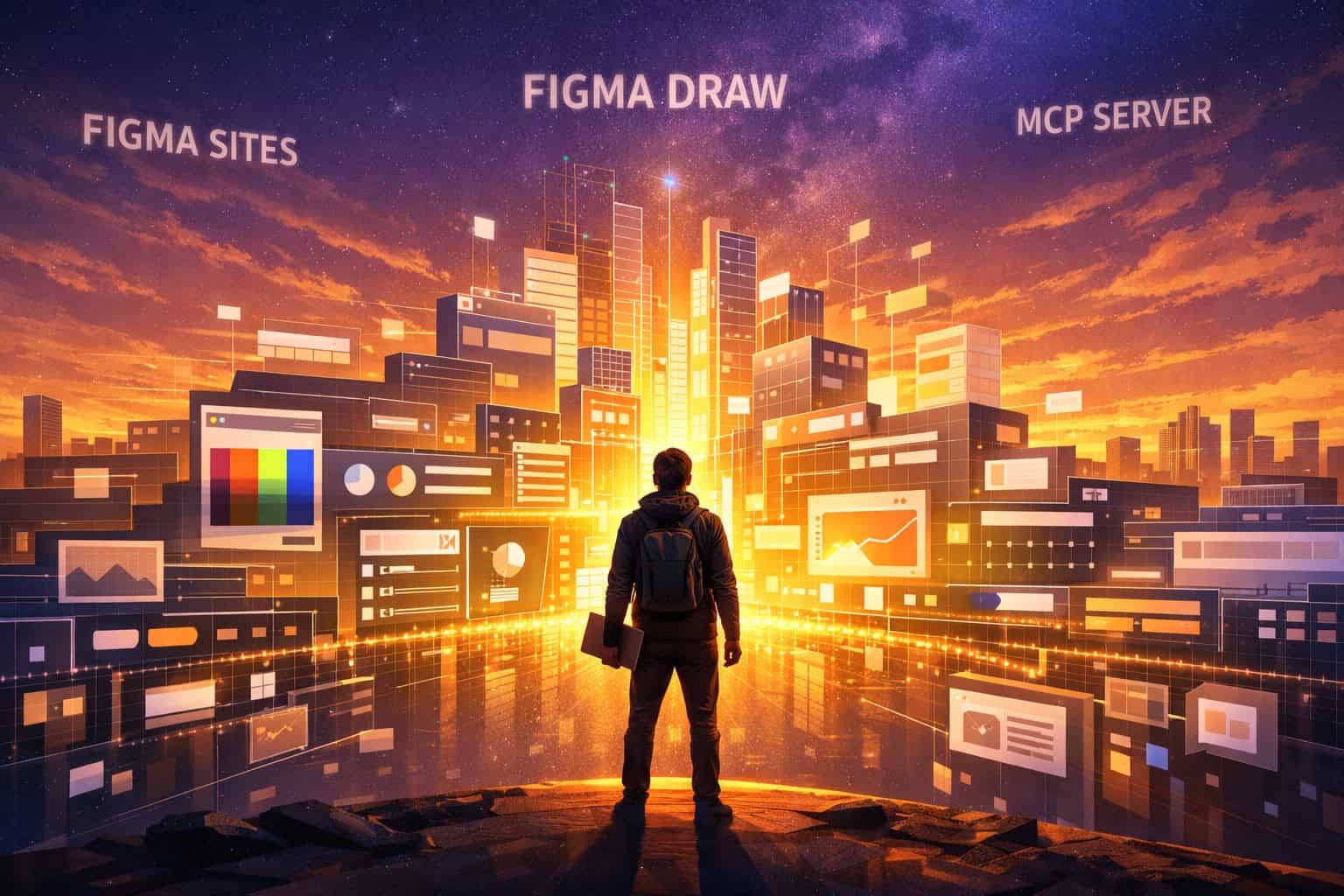() forward-looking concept art showing a designer standing at the edge of a digital horizon, looking toward a glowing