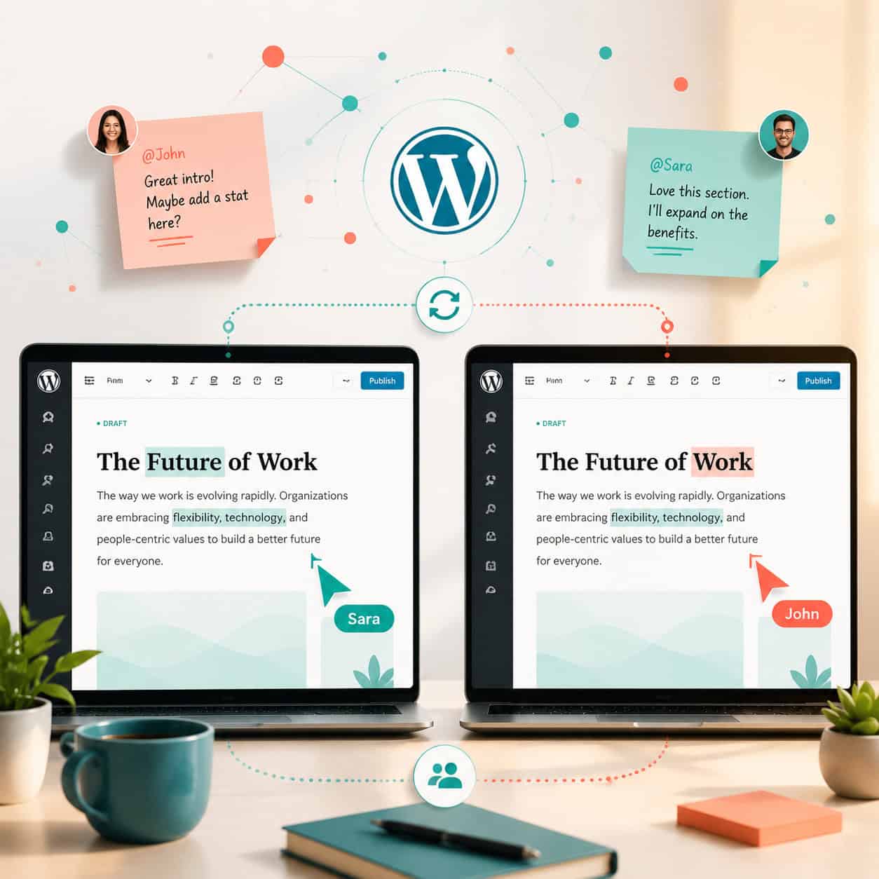 () illustration depicting real-time collaborative editing concept: two laptop screens side by side showing the same