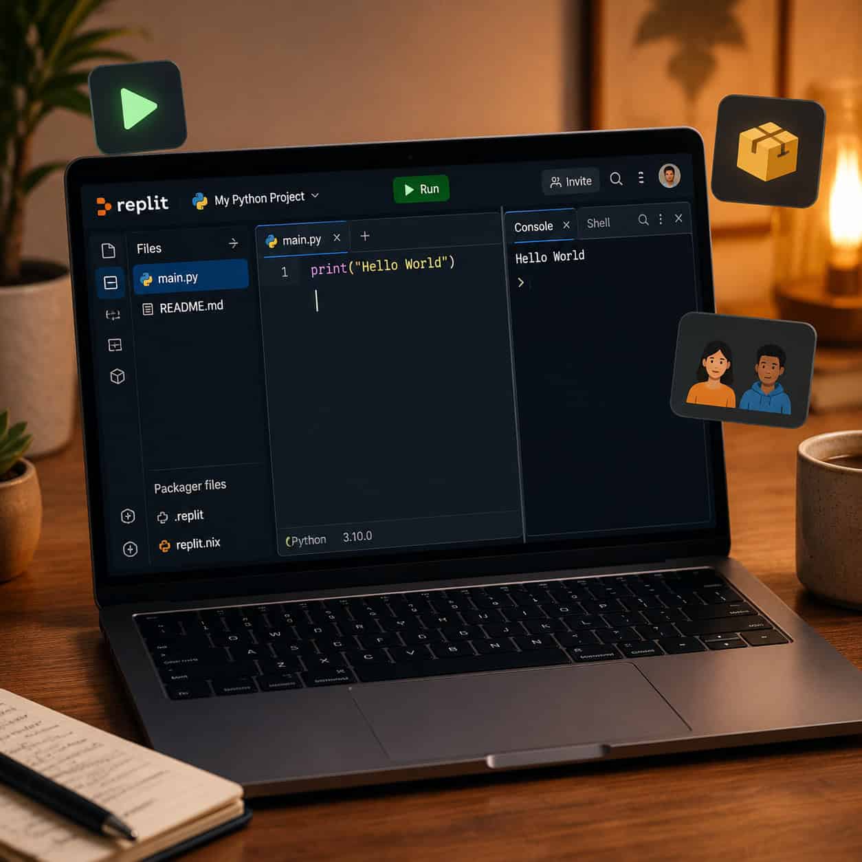 () illustration of a Replit workspace dashboard viewed from a slight top-down angle on a laptop screen. The screen shows the