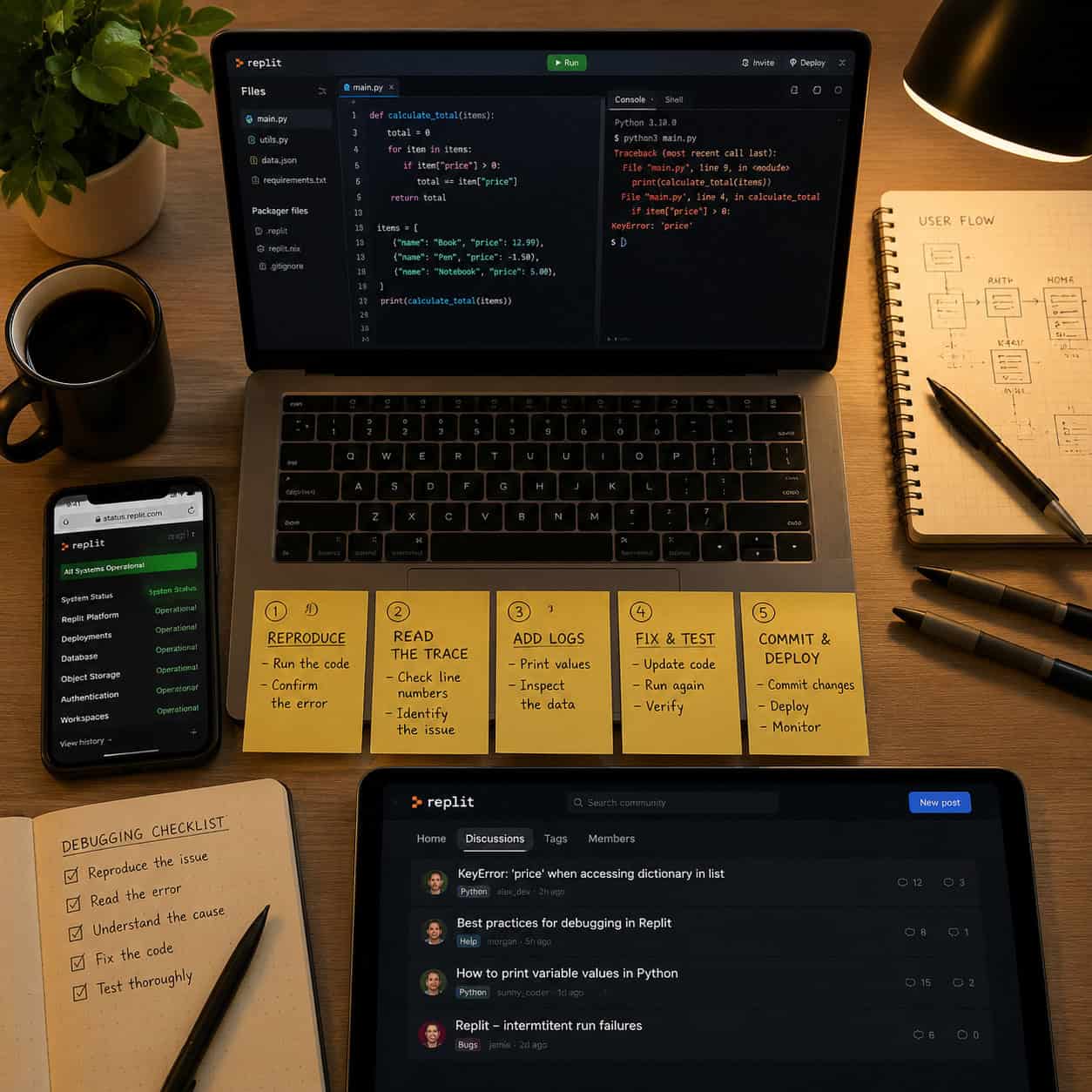 () illustration of a developer troubleshooting workflow in Replit: bird's-eye view of a desk with laptop showing Replit