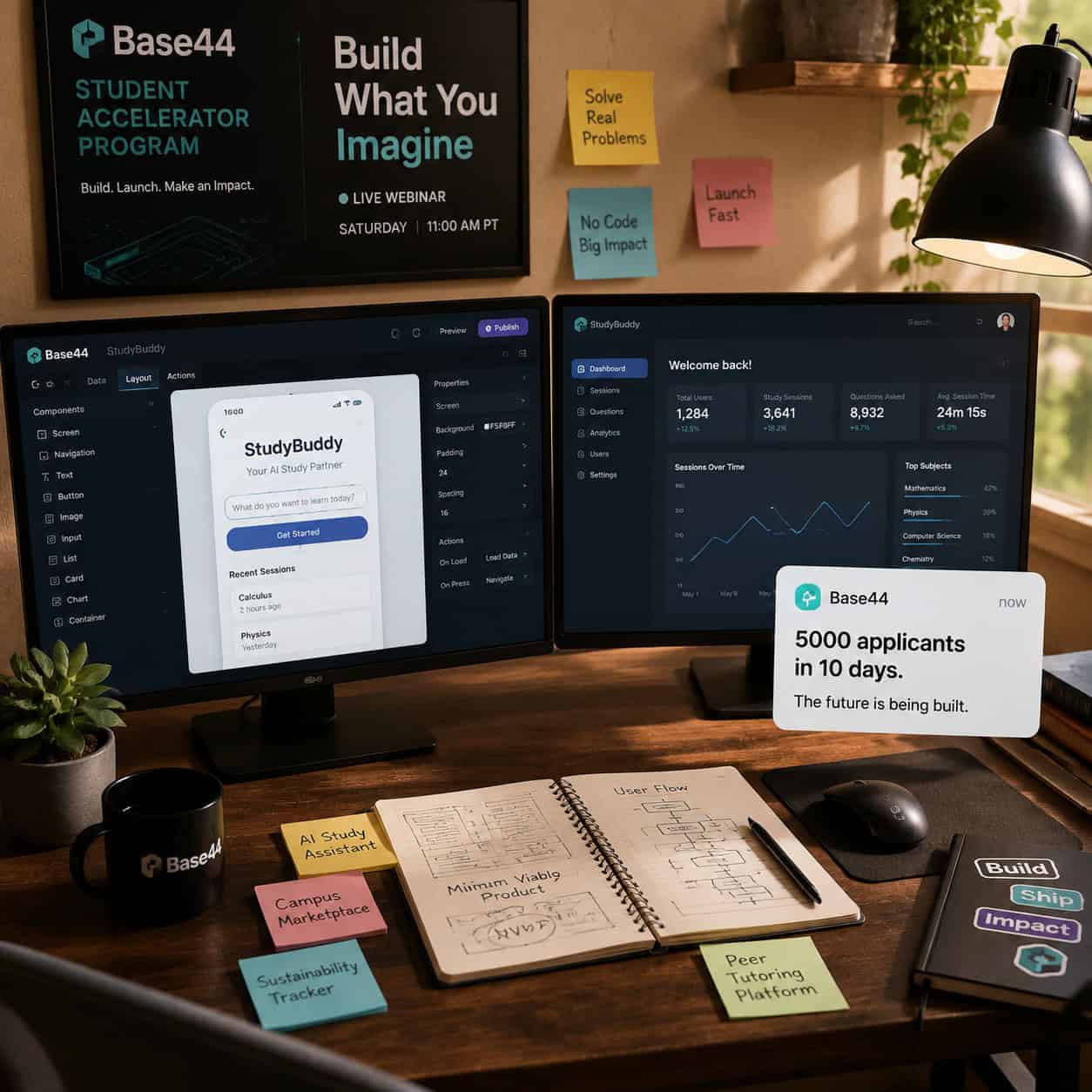 () illustration of a student workspace showing the Base44 Student Accelerator Program concept. Scene includes a desk with