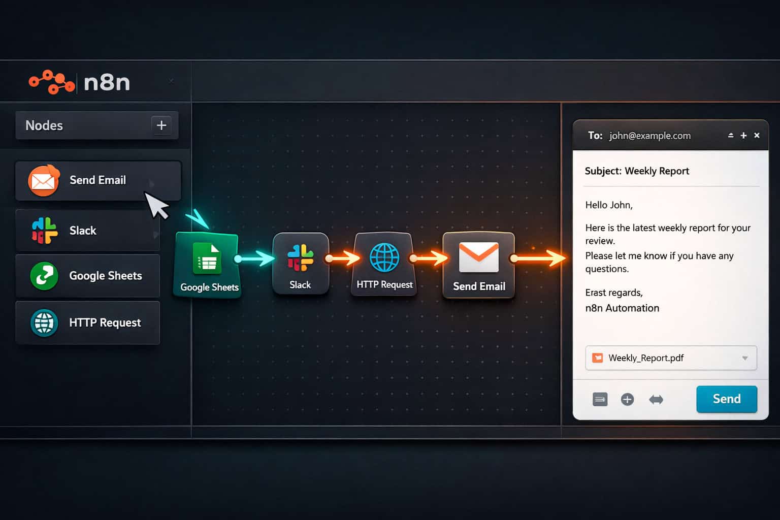() illustration of n8n visual workflow canvas showing interconnected nodes on a dark background, each node labeled with