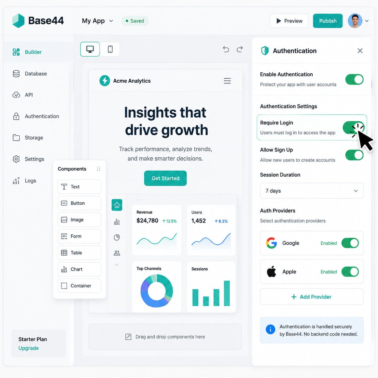 () illustration showing a Base44 dashboard interface with authentication toggle switches highlighted in green, Google and