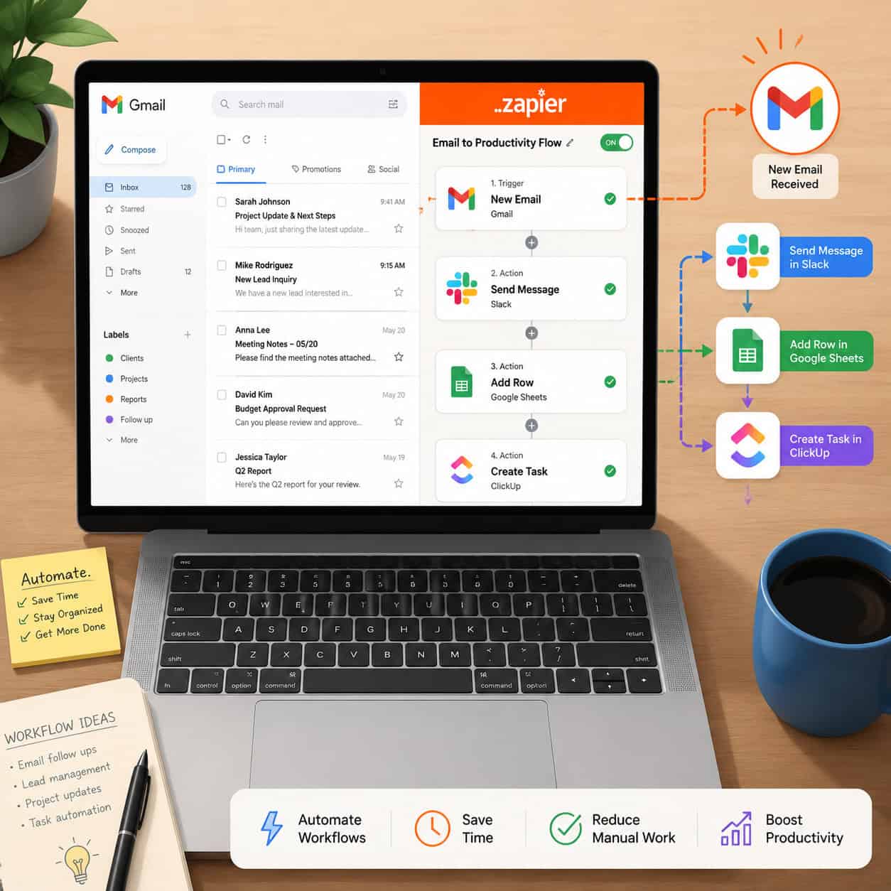 () illustration showing a Gmail inbox dashboard on a laptop screen with Zapier workflow builder panel open beside it,